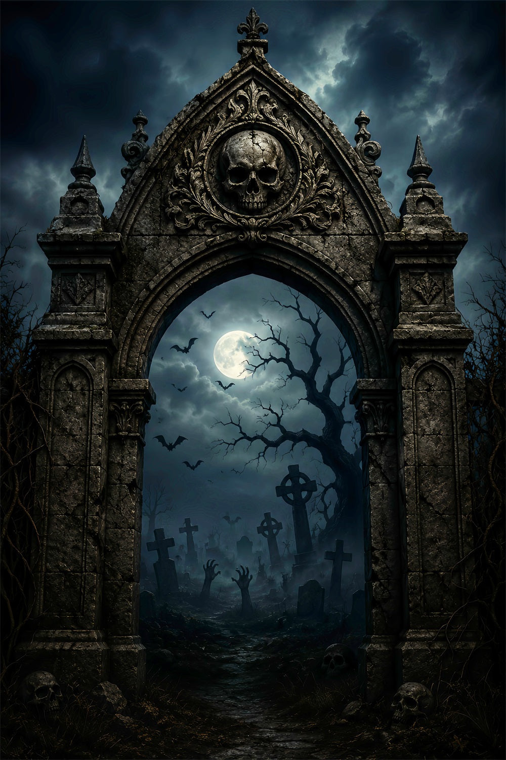 Halloween Outdoor Backdrop Gothic Skull Graveyard Arch Halloween Backdrops For Photos UK LXX67-170