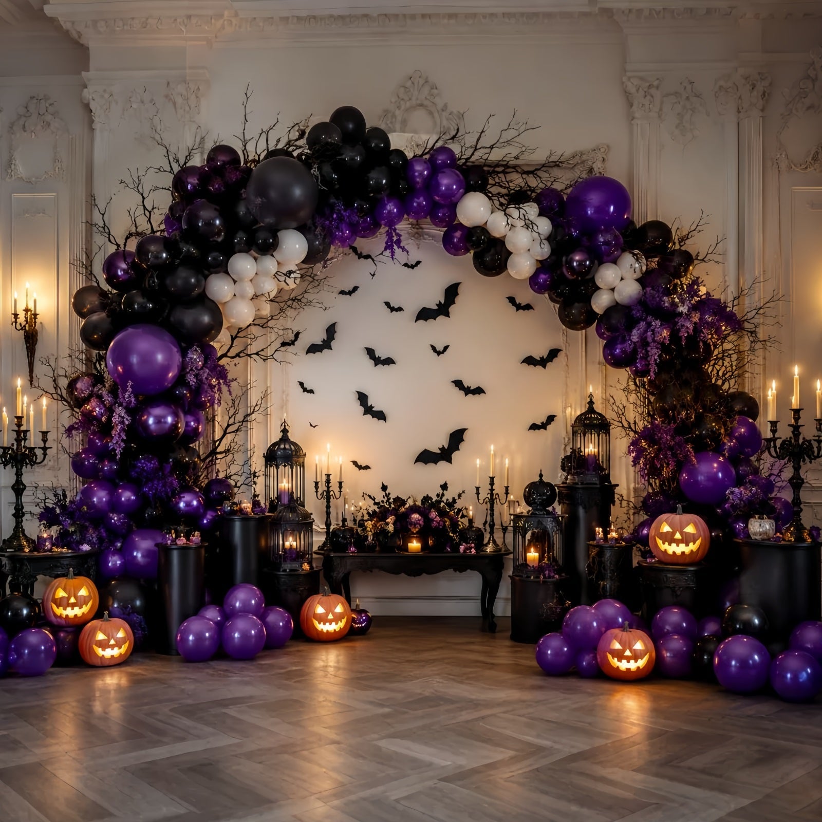 Halloween Pumpkin Backdrop Purple Bat Balloon Arch Halloween Photo Backdrop Ideas UK LXX67-171