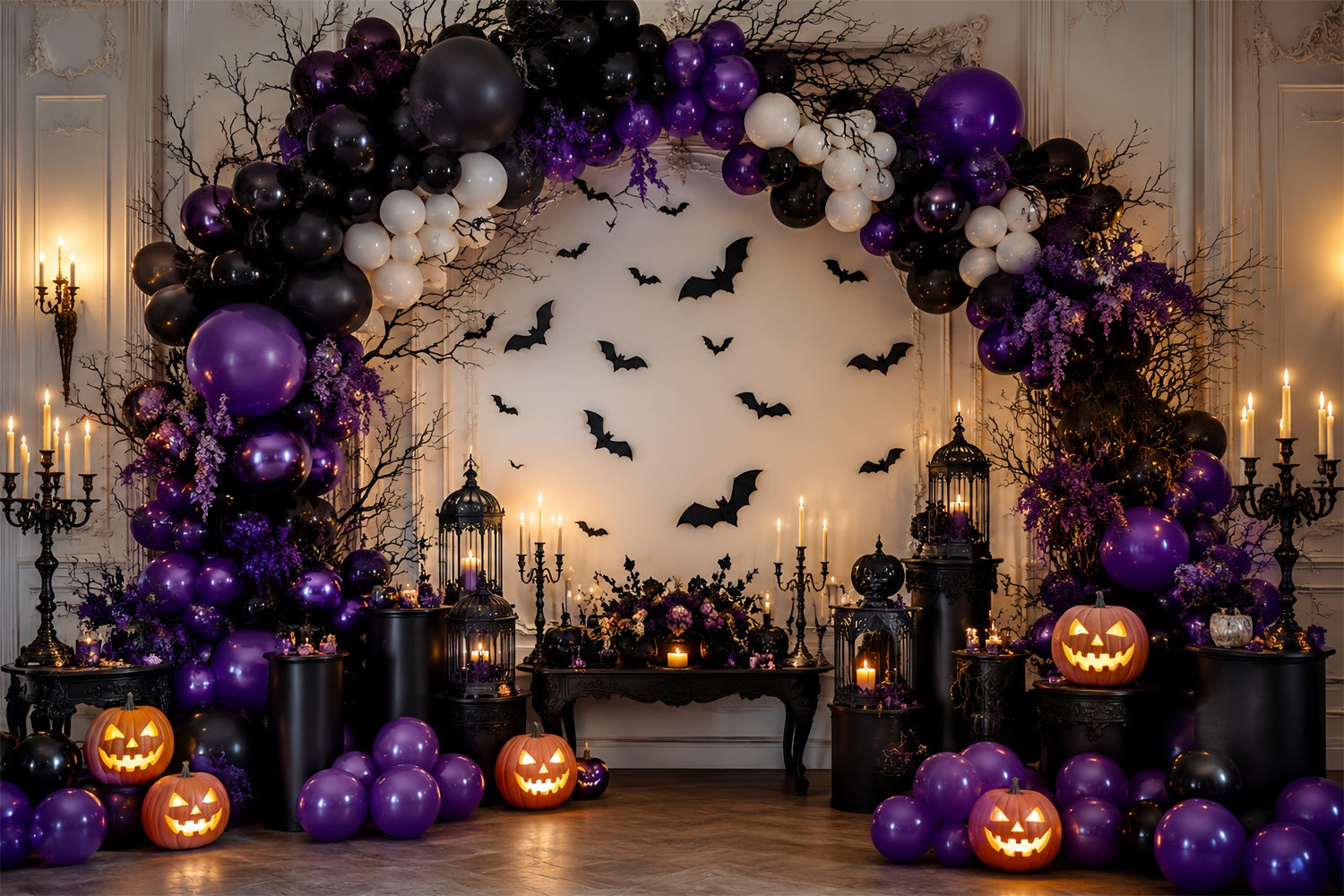 Halloween Pumpkin Backdrop Purple Bat Balloon Arch Halloween Photo Backdrop Ideas UK LXX67-171