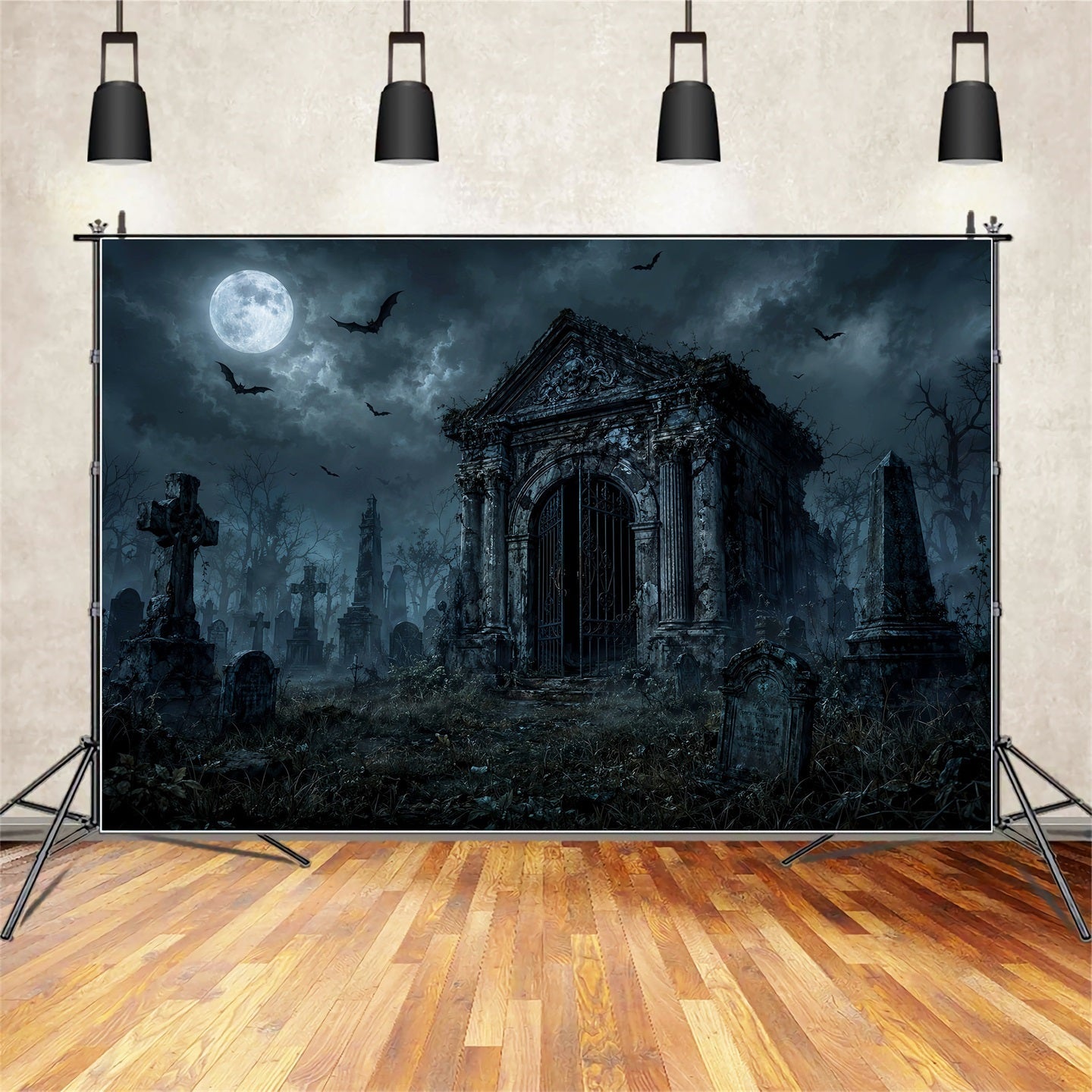 Custom Halloween Backdrop Moonlit Gothic Mausoleum Cemetery Halloween Graveyard Backdrop UK LXX67-173