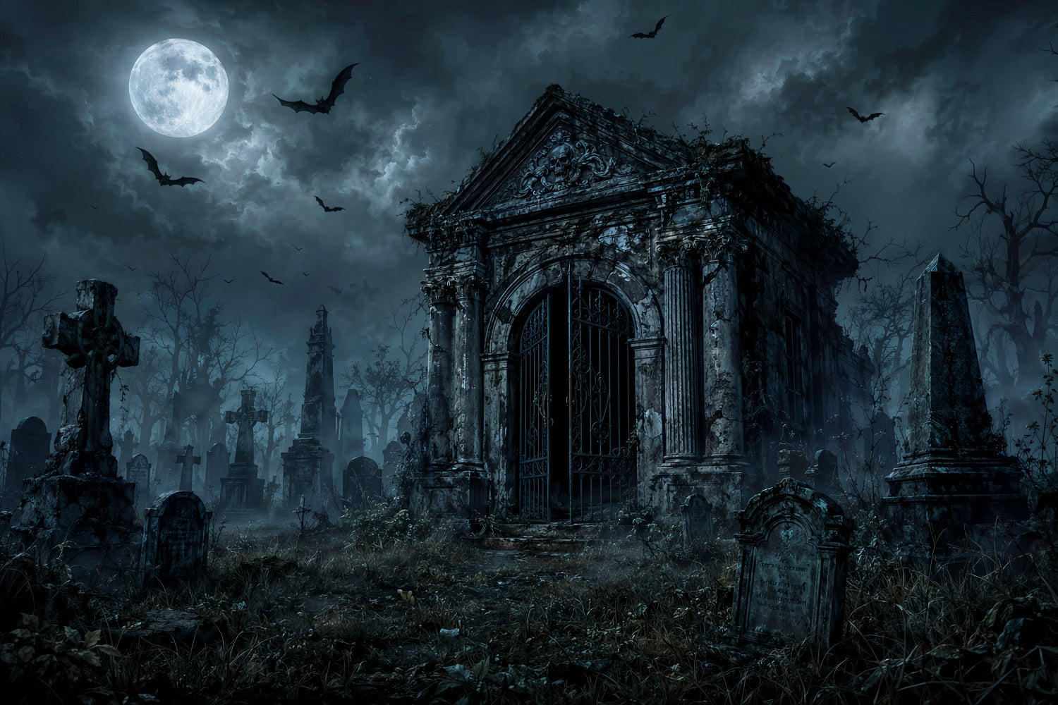 Custom Halloween Backdrop Moonlit Gothic Mausoleum Cemetery Halloween Graveyard Backdrop UK LXX67-173