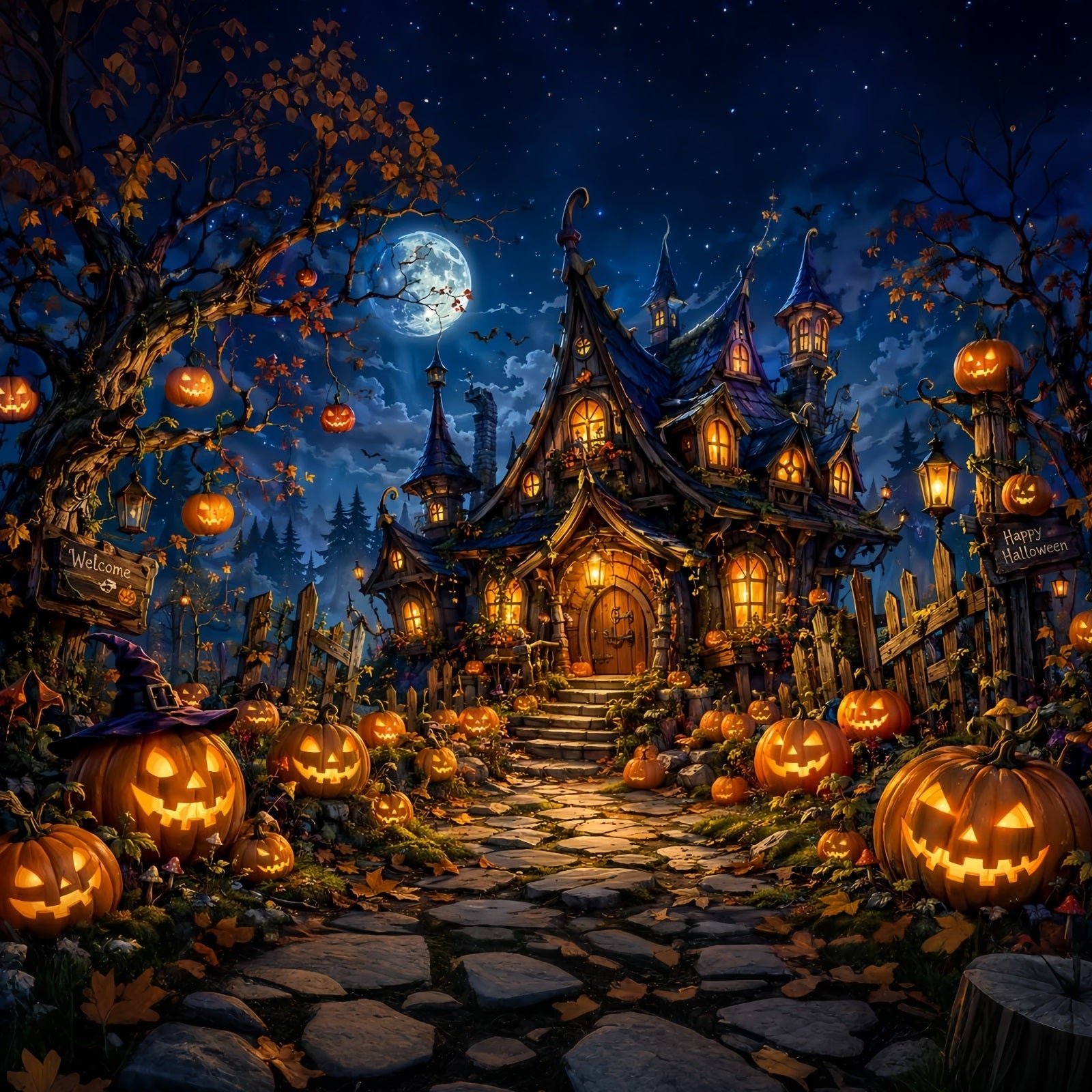 Halloween Castle Backdrop Moonlit Pumpkin Witch Cottage Large Halloween Backdrop UK LXX67-175