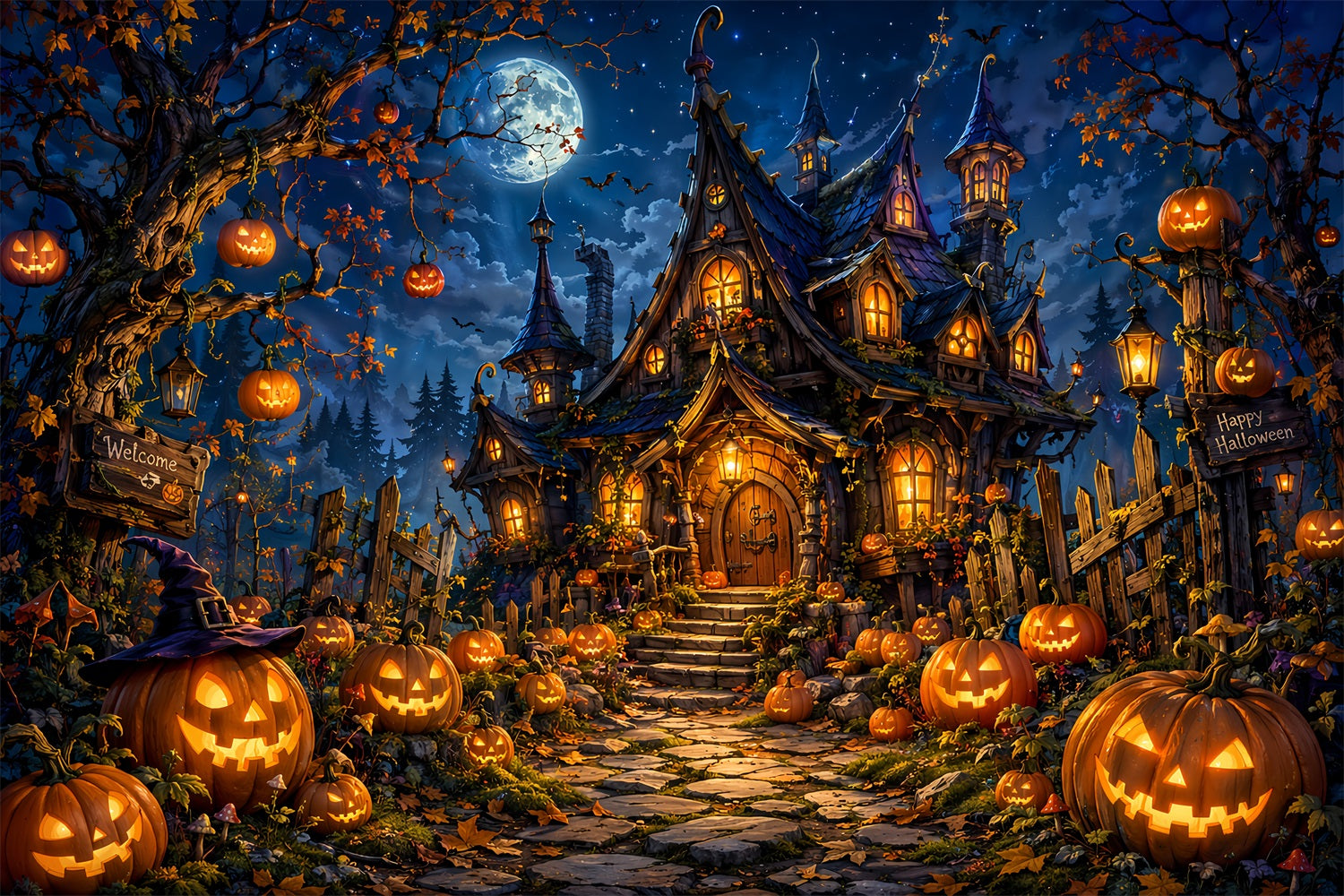 Halloween Castle Backdrop Moonlit Pumpkin Witch Cottage Large Halloween Backdrop UK LXX67-175