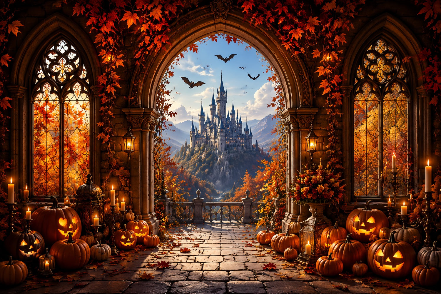 Fall Halloween Backdrop Autumn Pumpkin Castle Archway Scary Halloween Backdrops UK LXX67-176