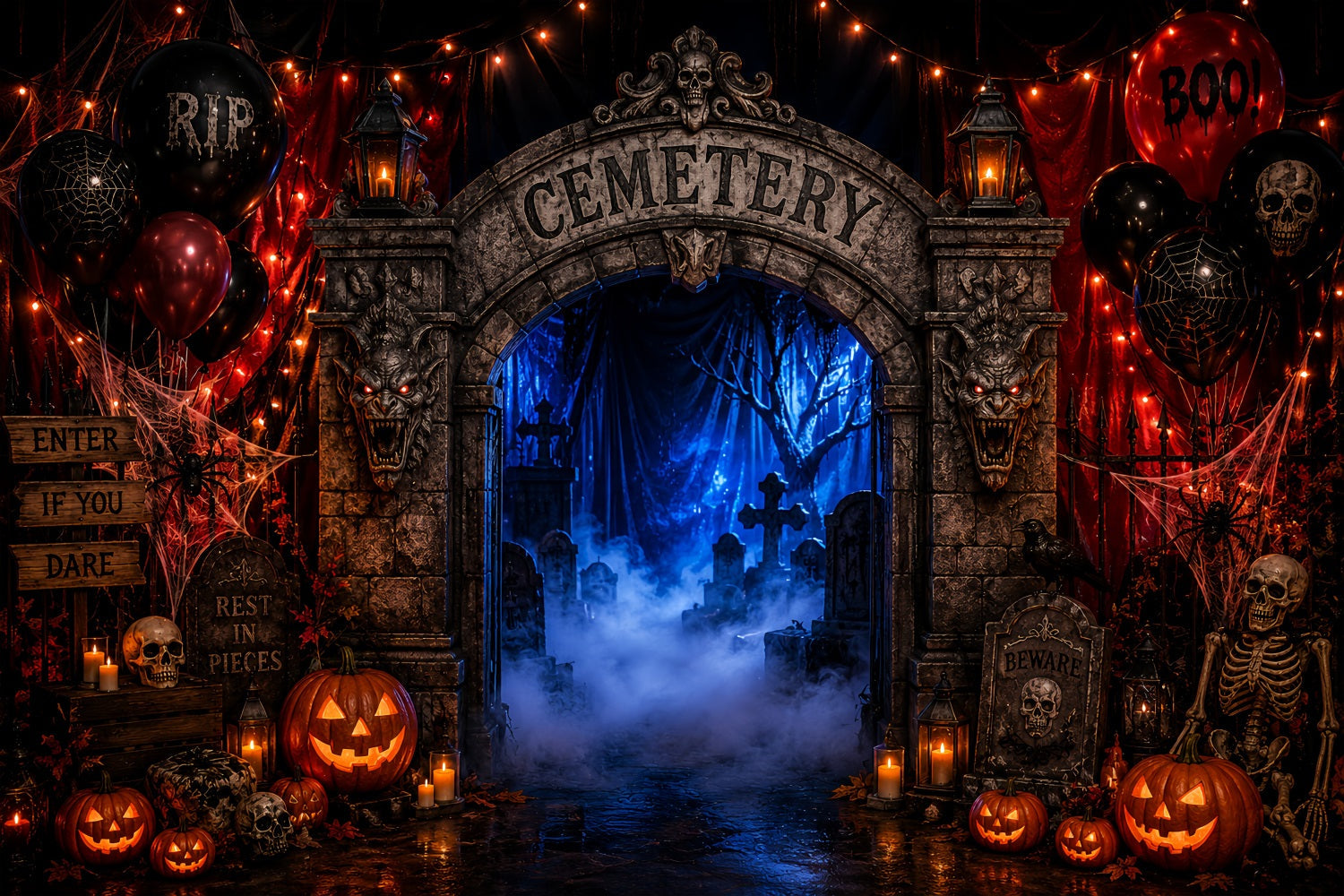Halloween Cardboard Backdrops Foggy Cemetery Entrance Arch Halloween Photography Backdrop UK LXX67-178