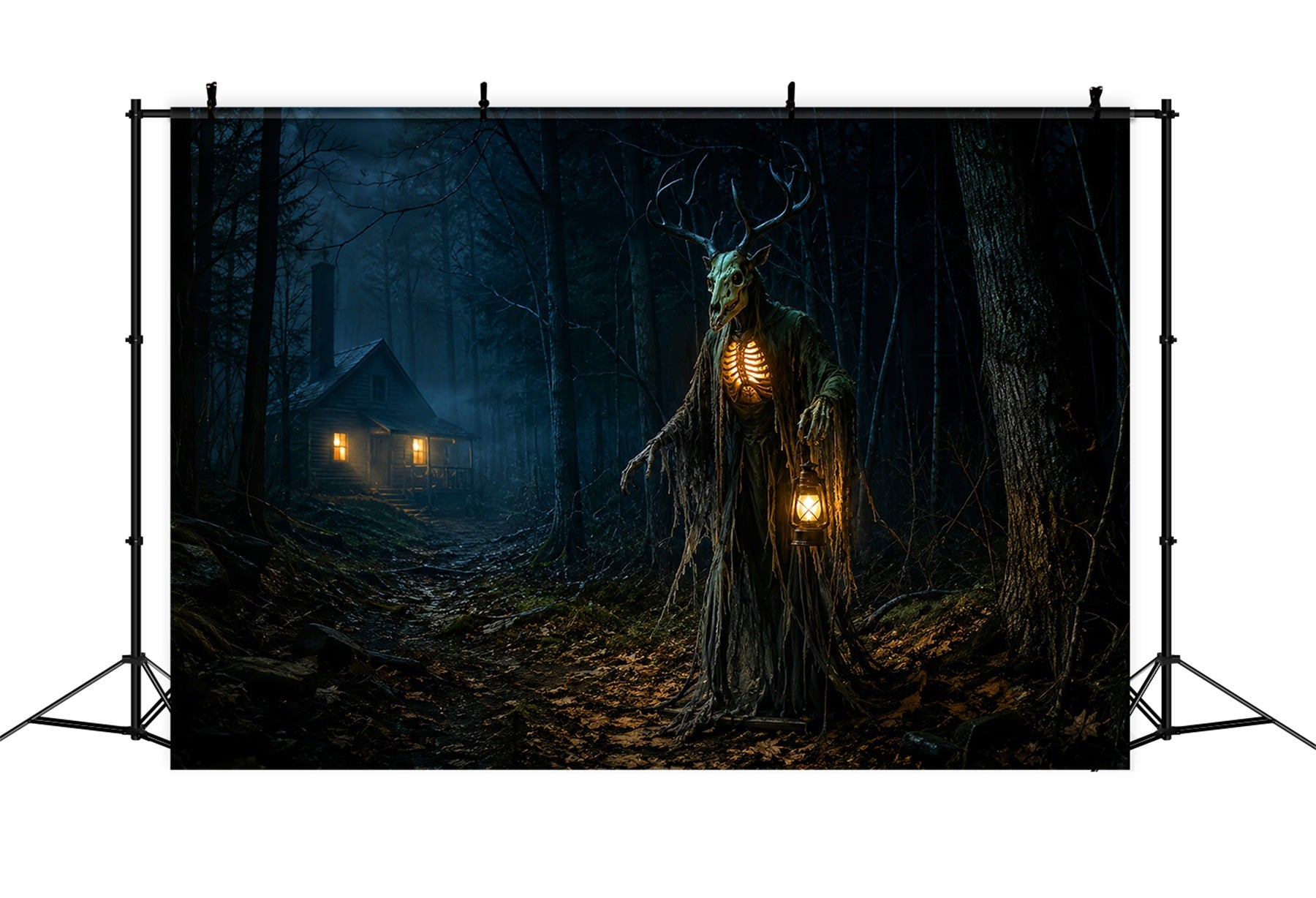 Halloween Backdrop Outdoor Antlered Forest Spirit Cabin Photo Backdrop Halloween UK LXX67-180