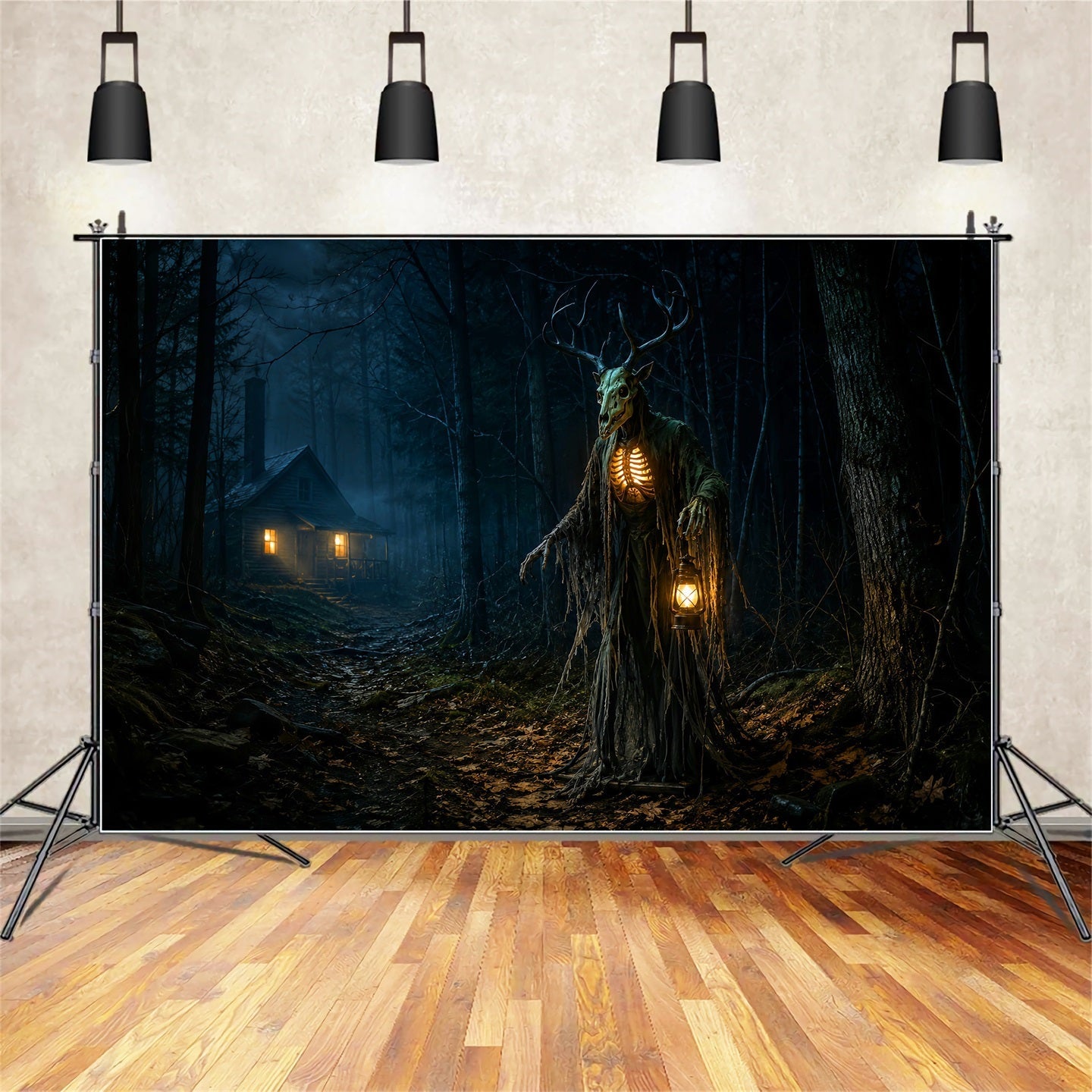 Halloween Backdrop Outdoor Antlered Forest Spirit Cabin Photo Backdrop Halloween UK LXX67-180