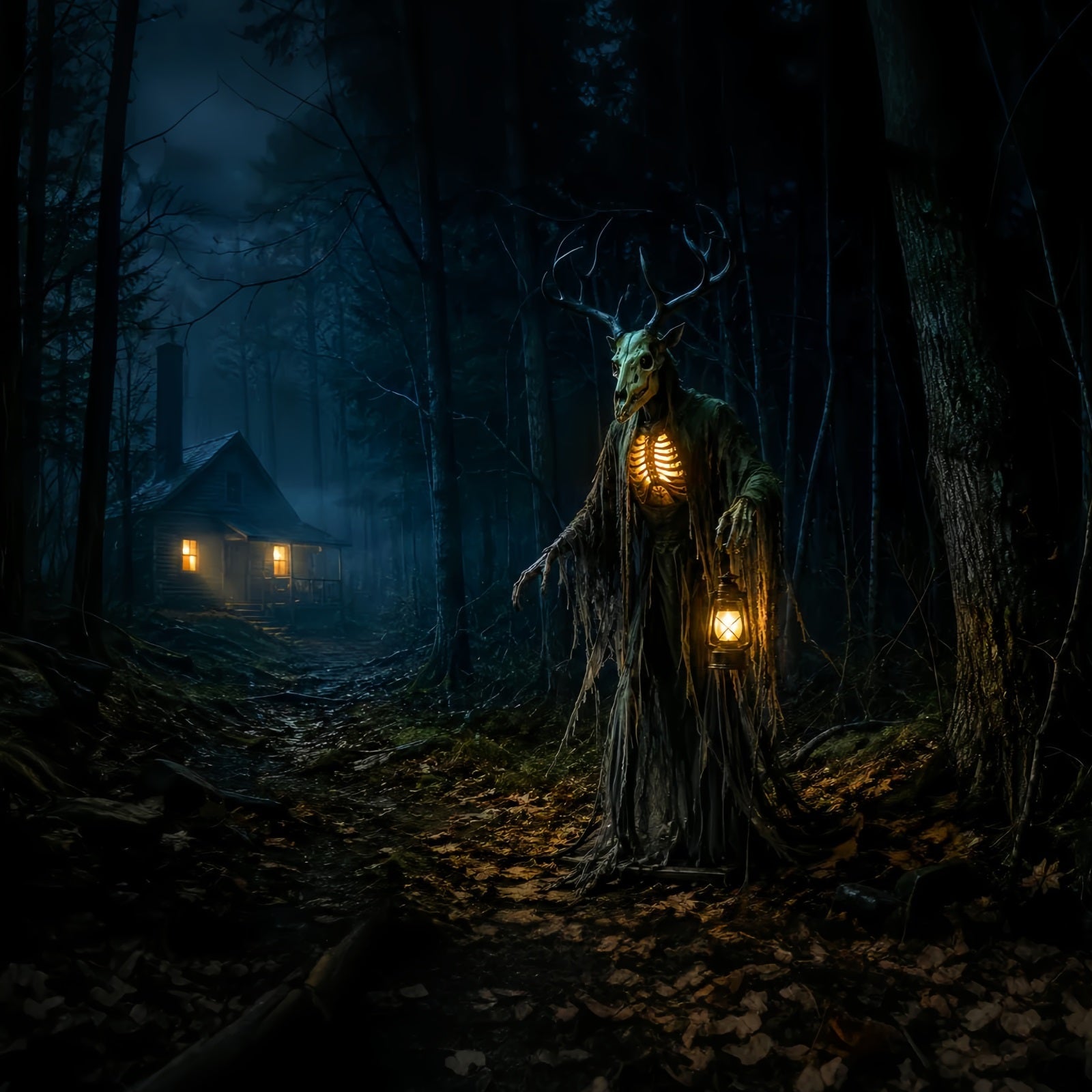Halloween Backdrop Outdoor Antlered Forest Spirit Cabin Photo Backdrop Halloween UK LXX67-180