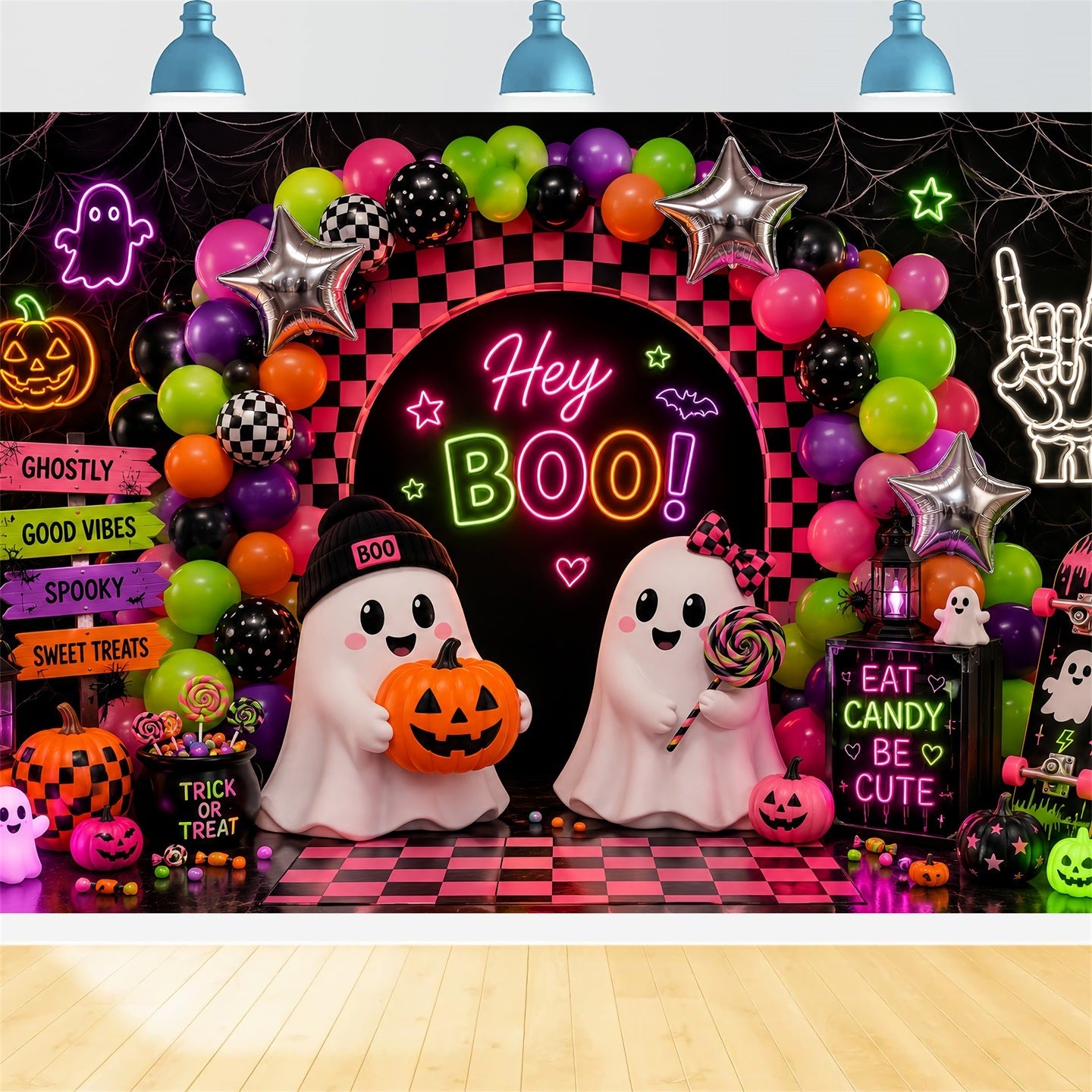 Halloween Backdrop For Photo Booth Neon Ghost Balloon Party Cute Halloween Backdrop UK LXX67-182