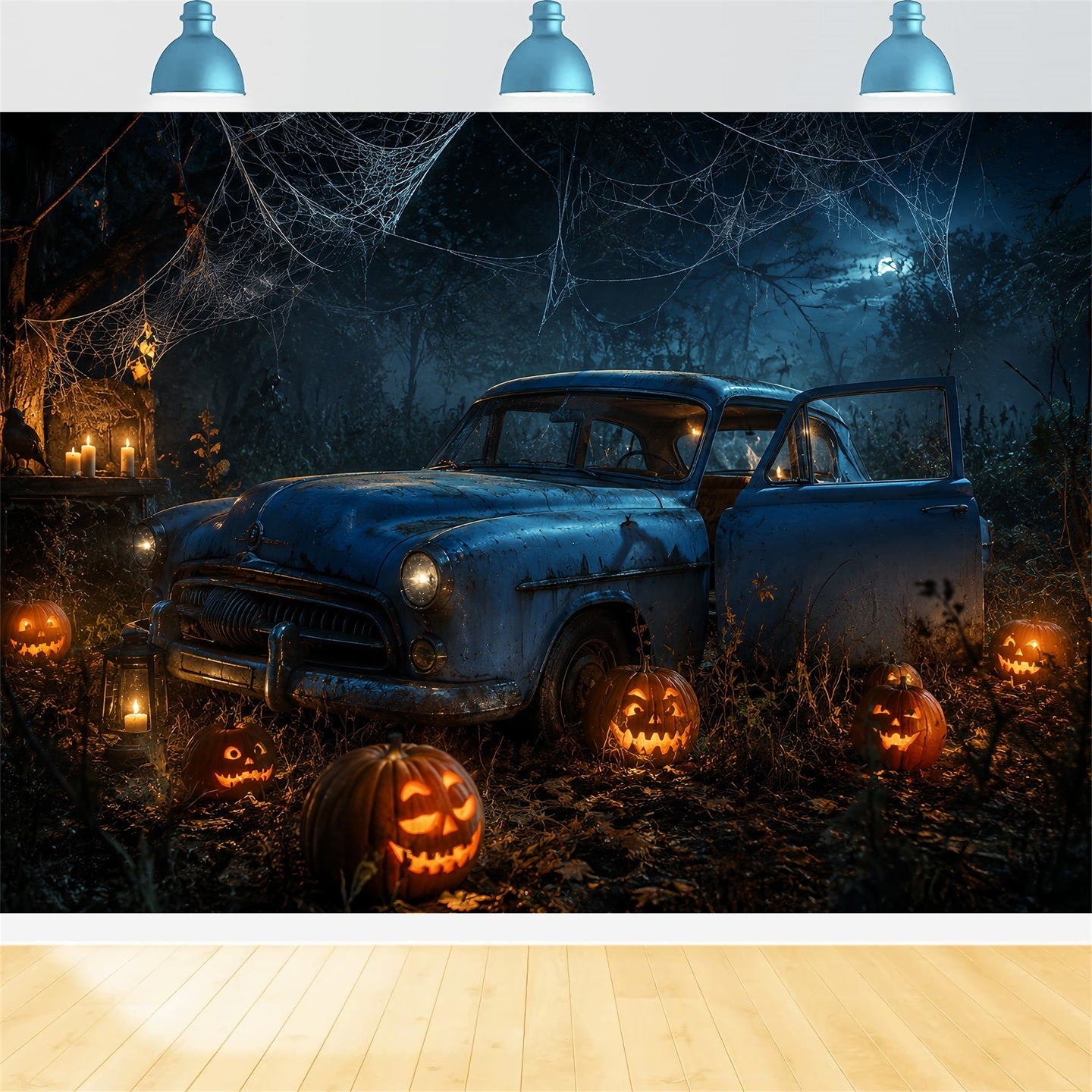 Halloween Garage Backdrop Abandoned Pumpkin Forest Car Backdrops For Halloween UK LXX67-184