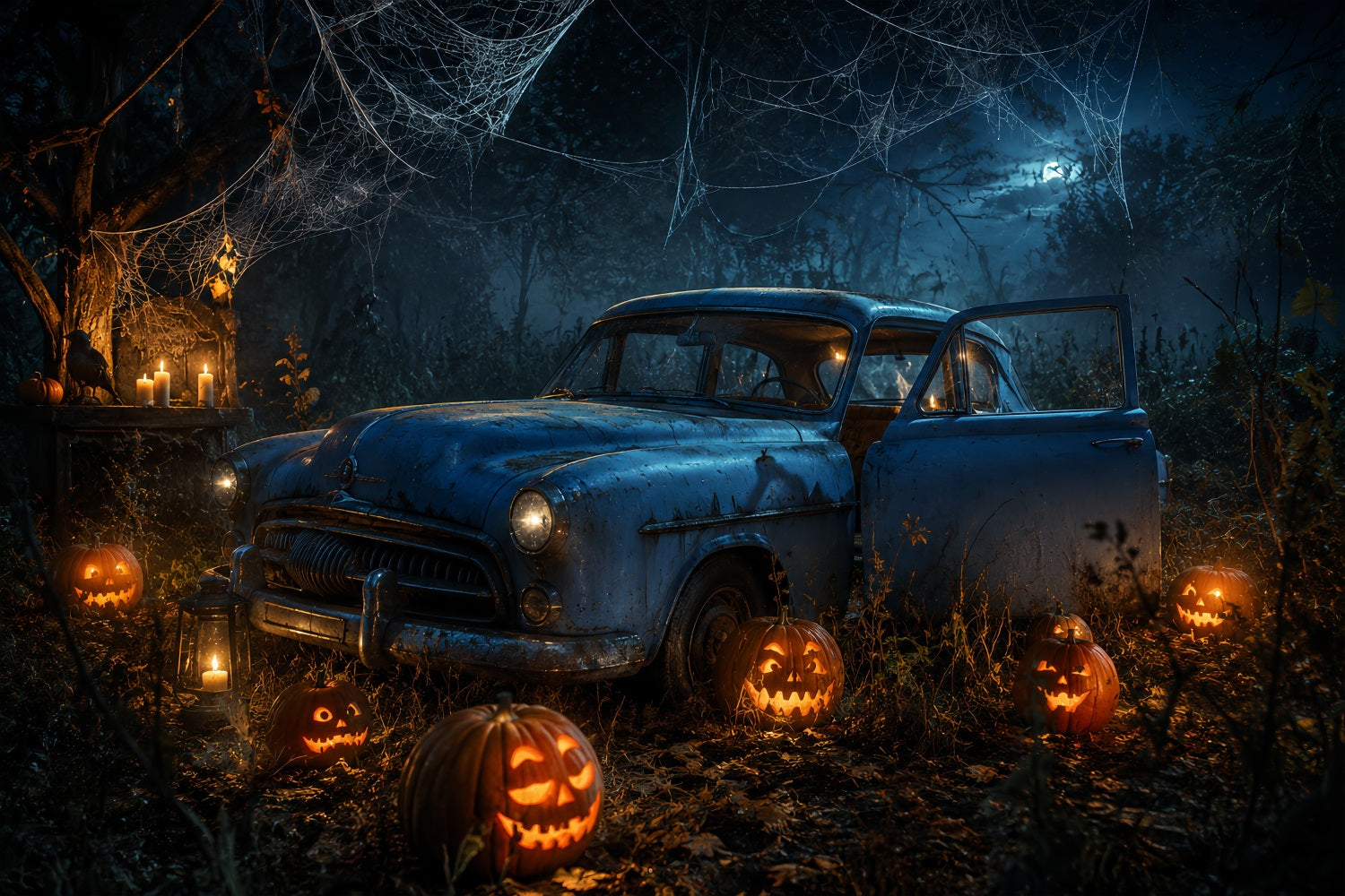 Halloween Garage Backdrop Abandoned Pumpkin Forest Car Backdrops For Halloween UK LXX67-184
