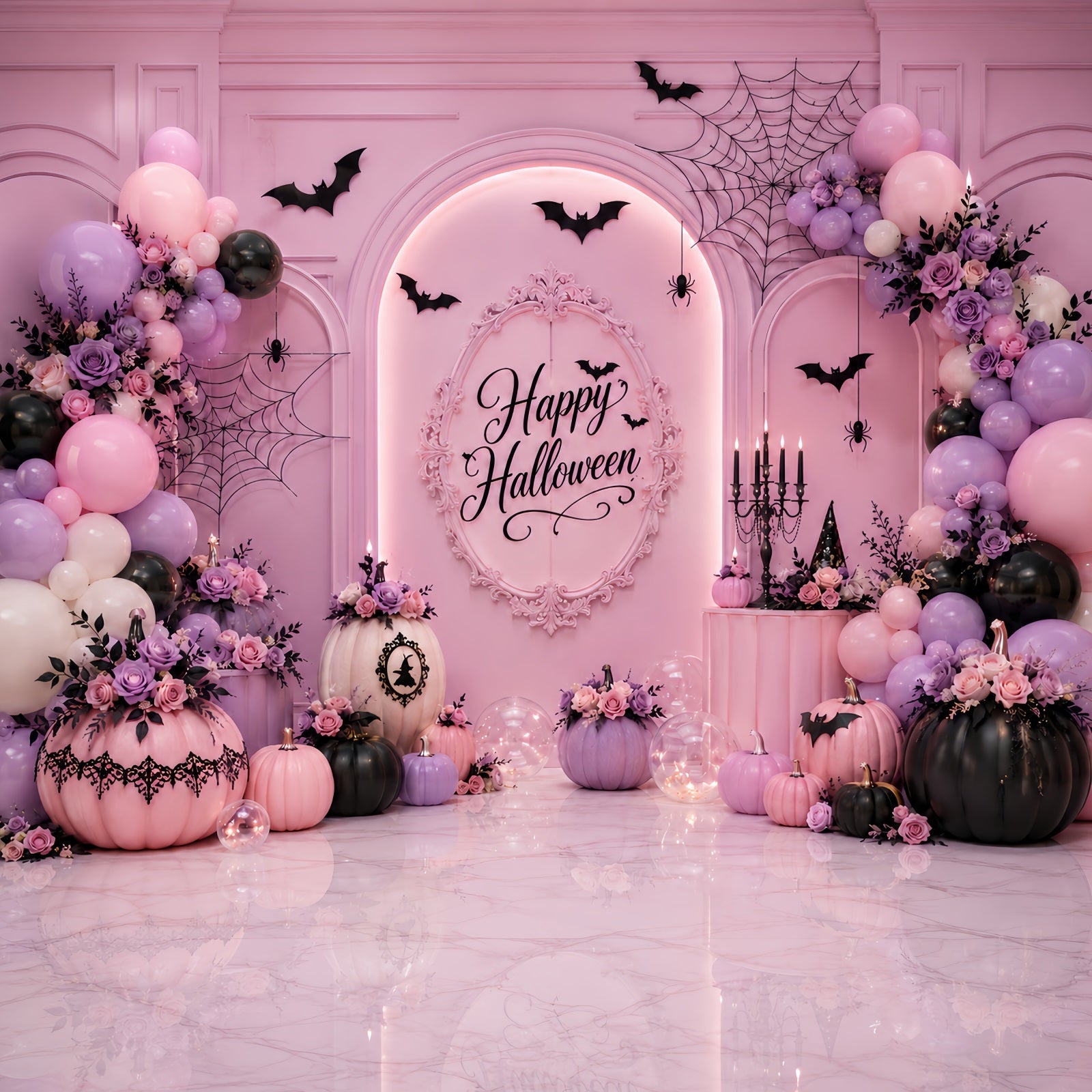 Halloween Picture Backdrops Pastel Pumpkin Floral Balloon Arch Halloween Birthday Backdrop UK LXX67-185