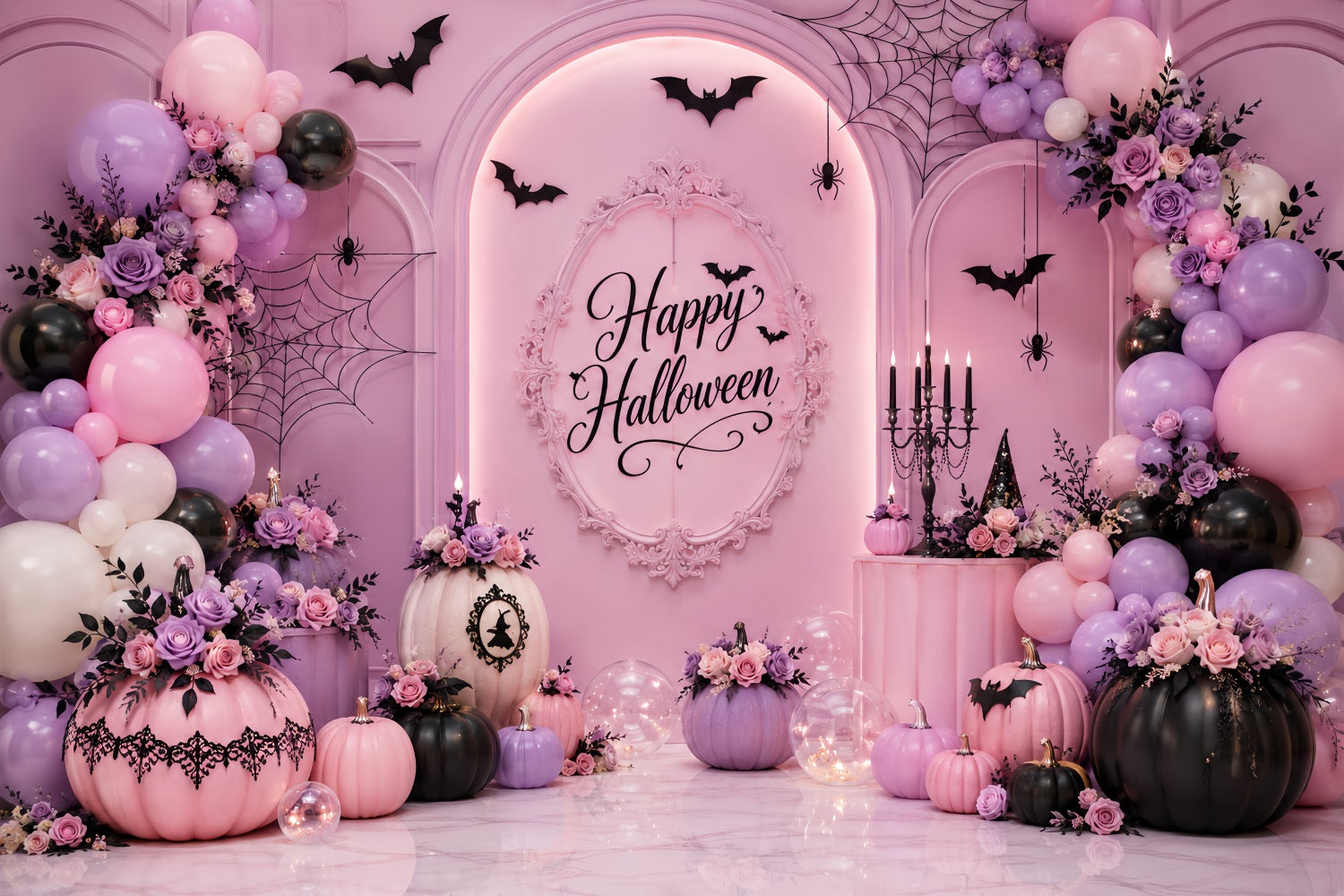 Halloween Picture Backdrops Pastel Pumpkin Floral Balloon Arch Halloween Birthday Backdrop UK LXX67-185
