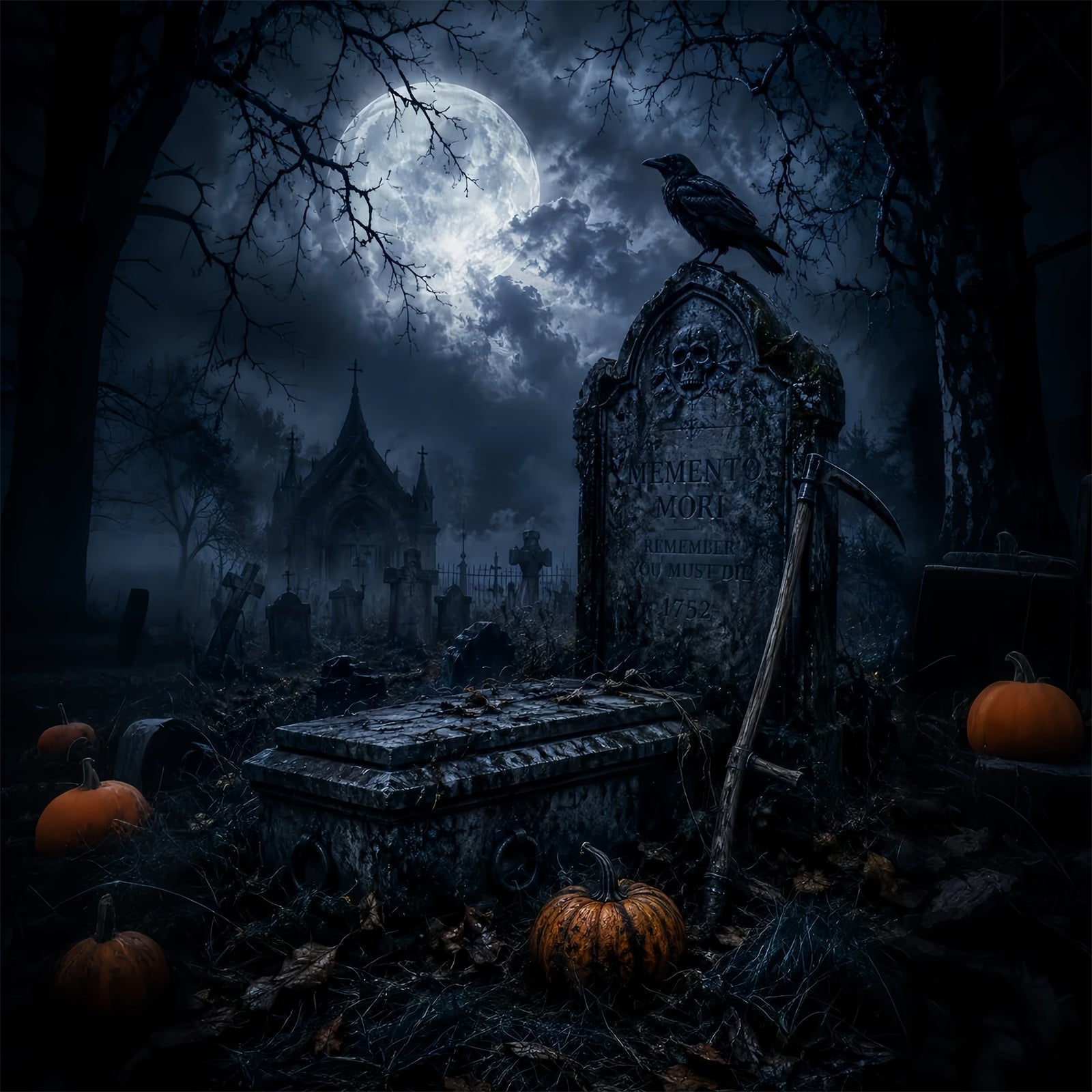 Halloween House Backdrop Moonlit Raven Tombstone Graveyard Halloween Cemetery Backdrop UK LXX67-186
