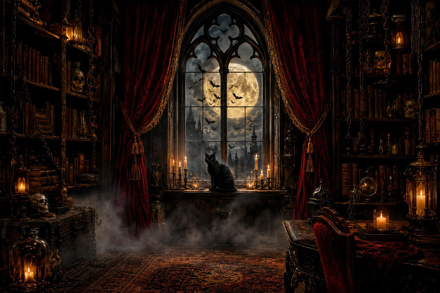 Scary Halloween Backdrop Ideas Moonlit Gothic Cat Library Halloween Photoshoot Backdrop UK LXX67-187