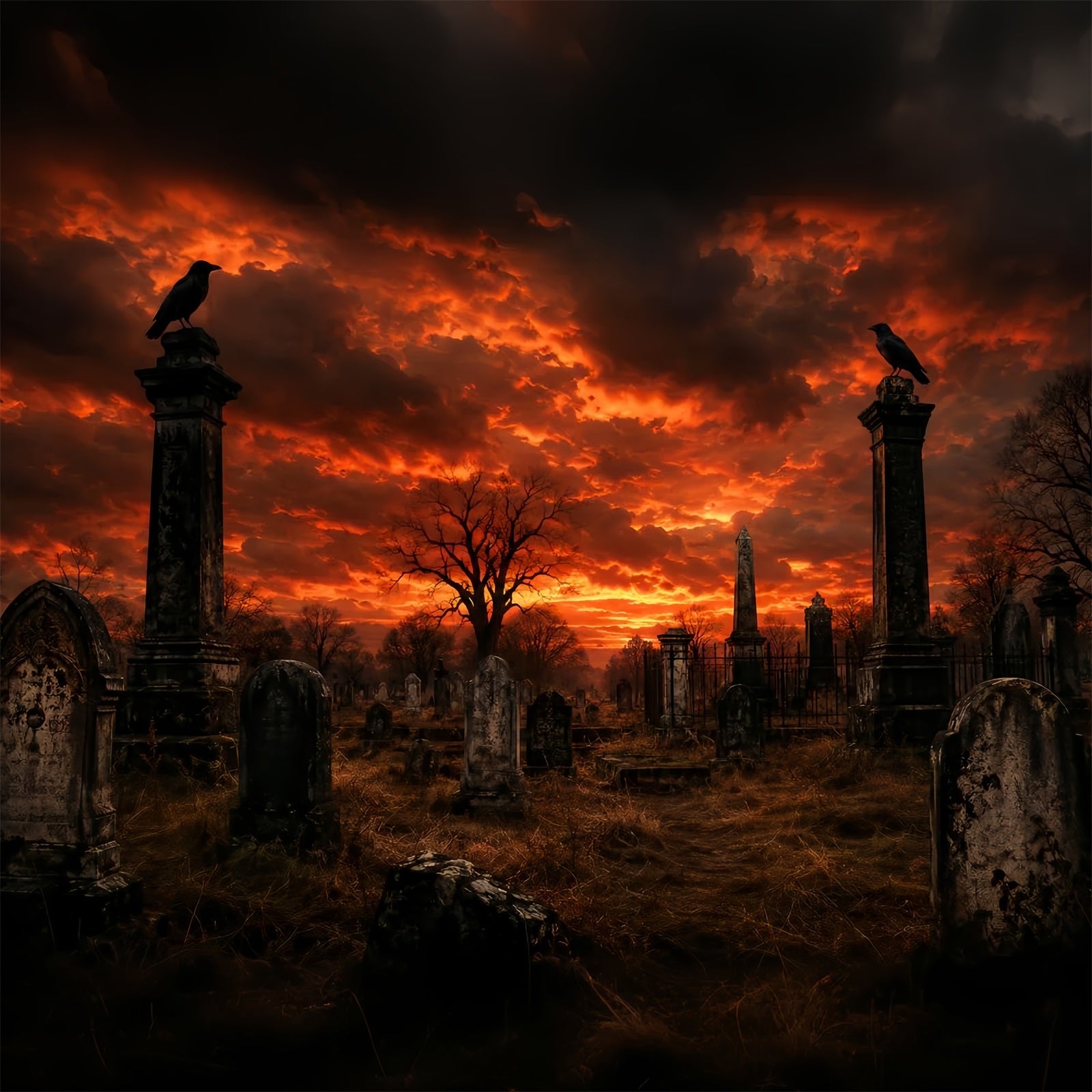 DIY Halloween Backdrop Ideas Fiery Sunset Raven Graveyard Scary Backdrops For Halloween UK LXX67-190