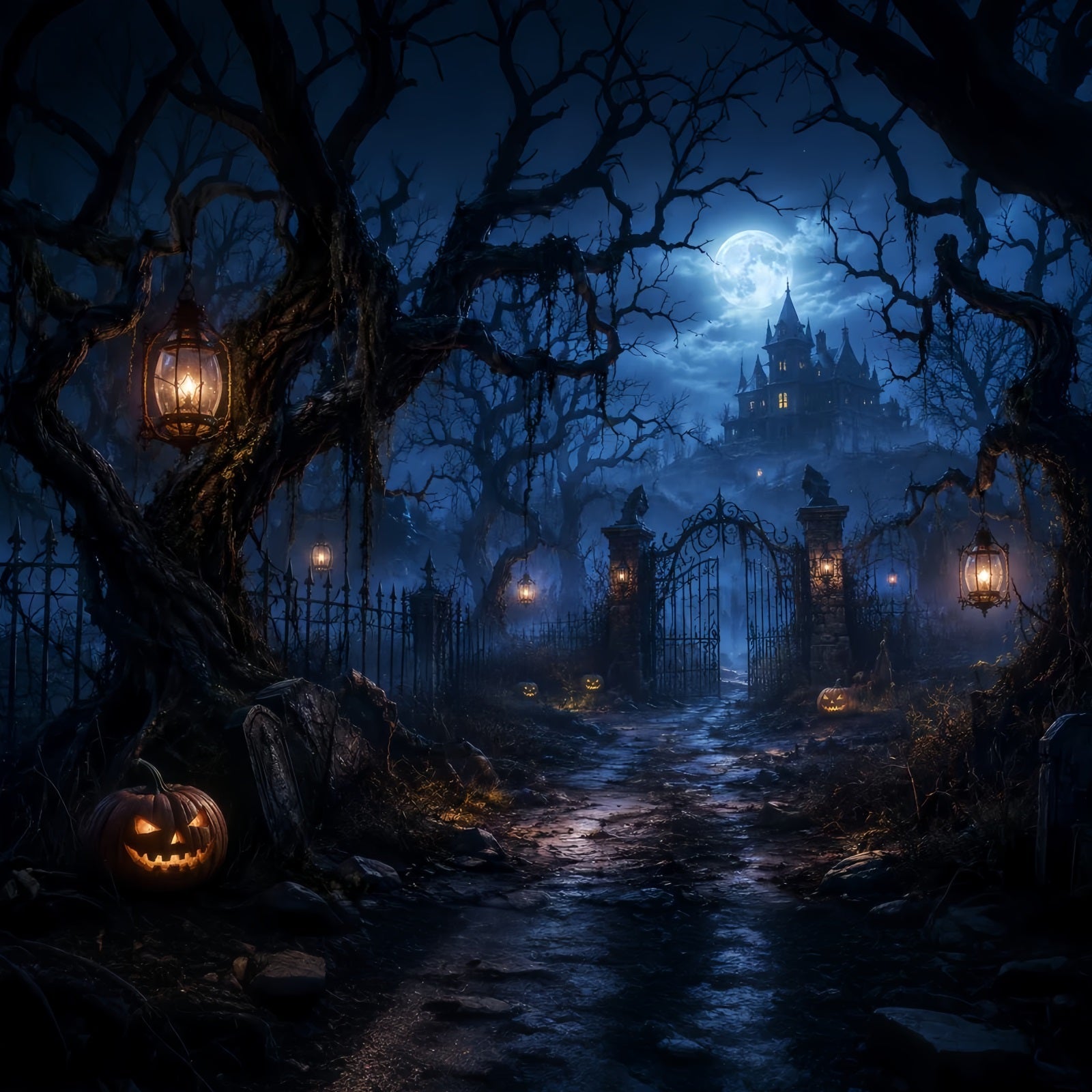 Halloween Forest Backdrop Moonlit Haunted Mansion Gateway Vintage Halloween Backdrop UK LXX67-191