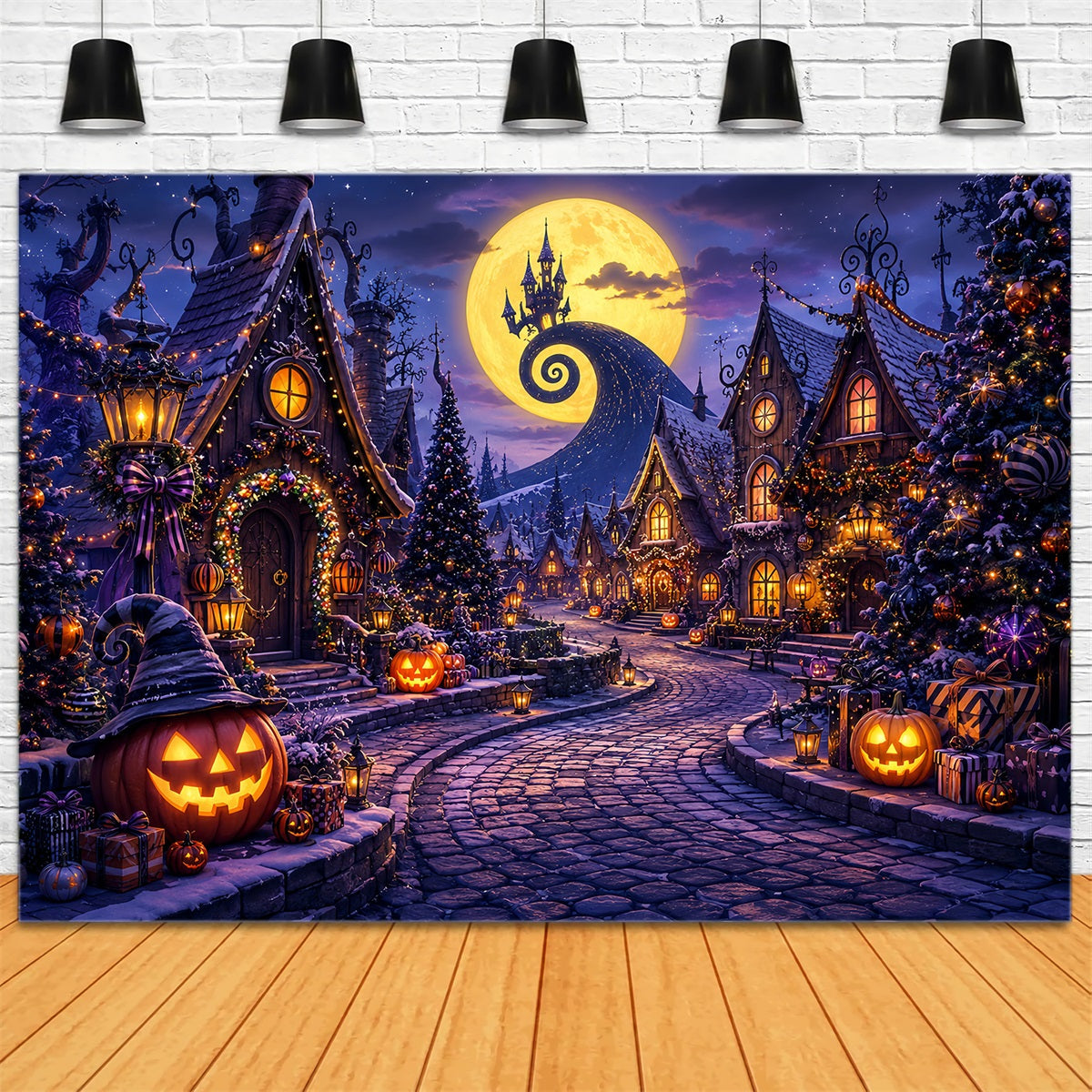 Photography Backdrops Halloween Moonlit Pumpkin Holiday Village Halloween Town Backdrop UK LXX67-196