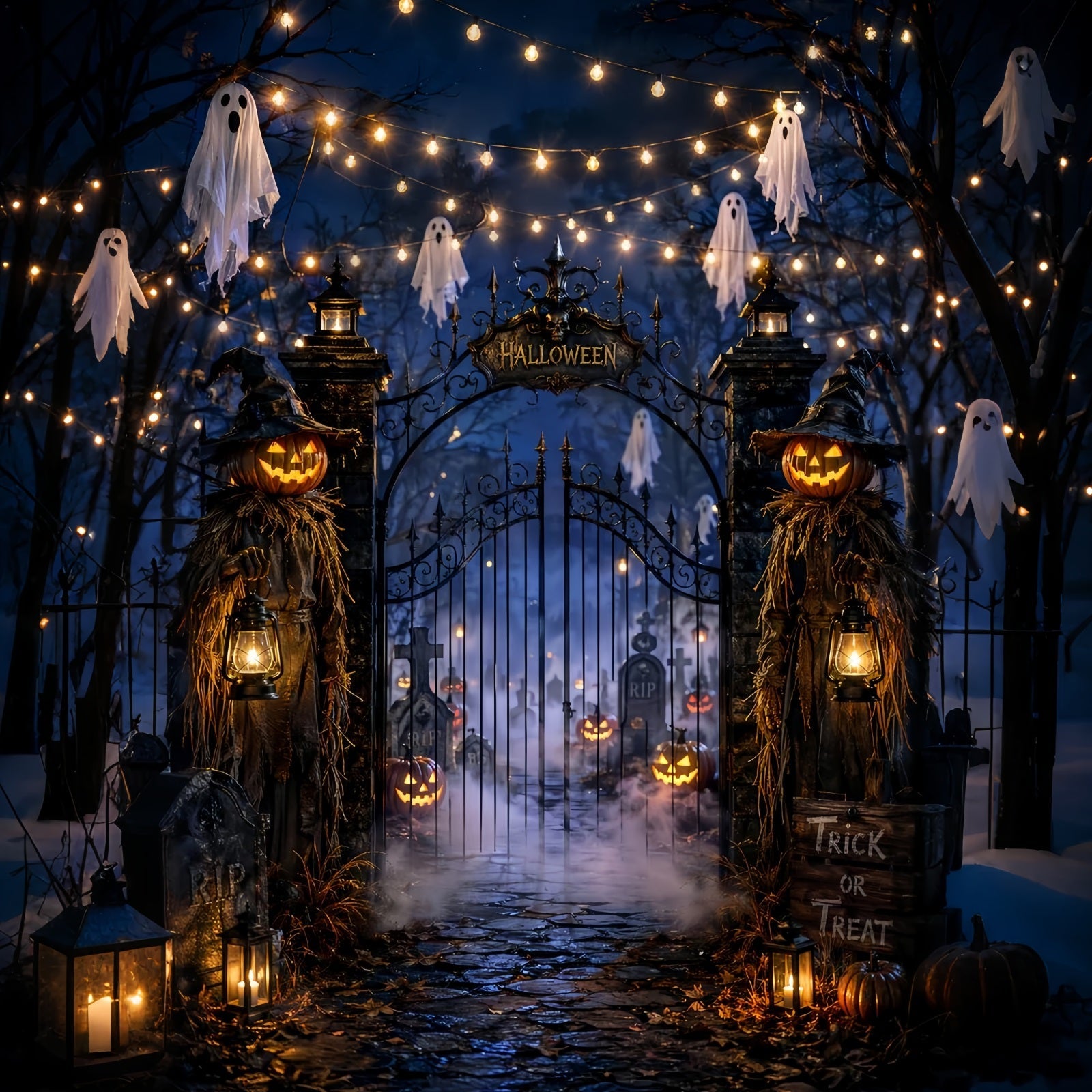 Halloween Party Backdrop Ideas Ghostly Lantern Cemetery Entrance Halloween Scary Backdrops UK LXX67-197