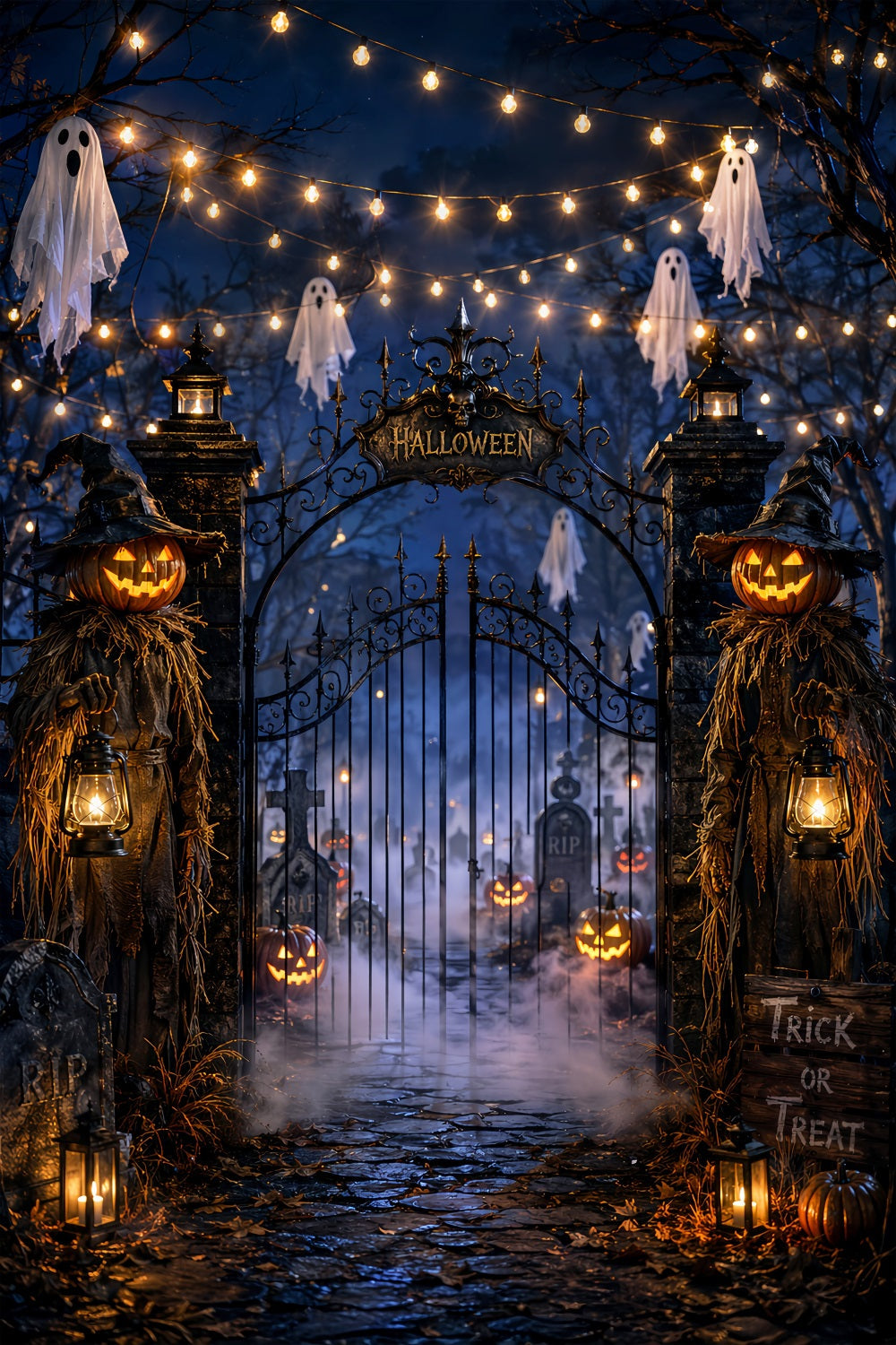 Halloween Party Backdrop Ideas Ghostly Lantern Cemetery Entrance Halloween Scary Backdrops UK LXX67-197