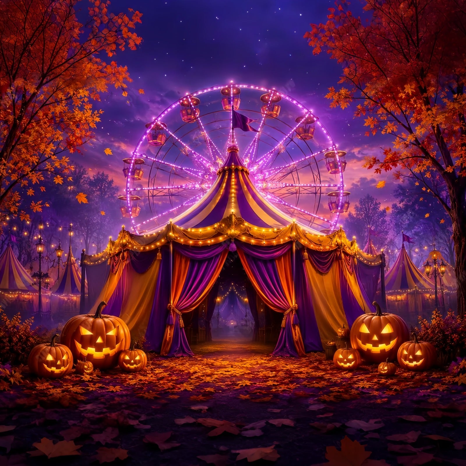 Halloween Backdrops For Pictures Purple Carnival Pumpkin Festival Halloween Circus Backdrop UK LXX67-198