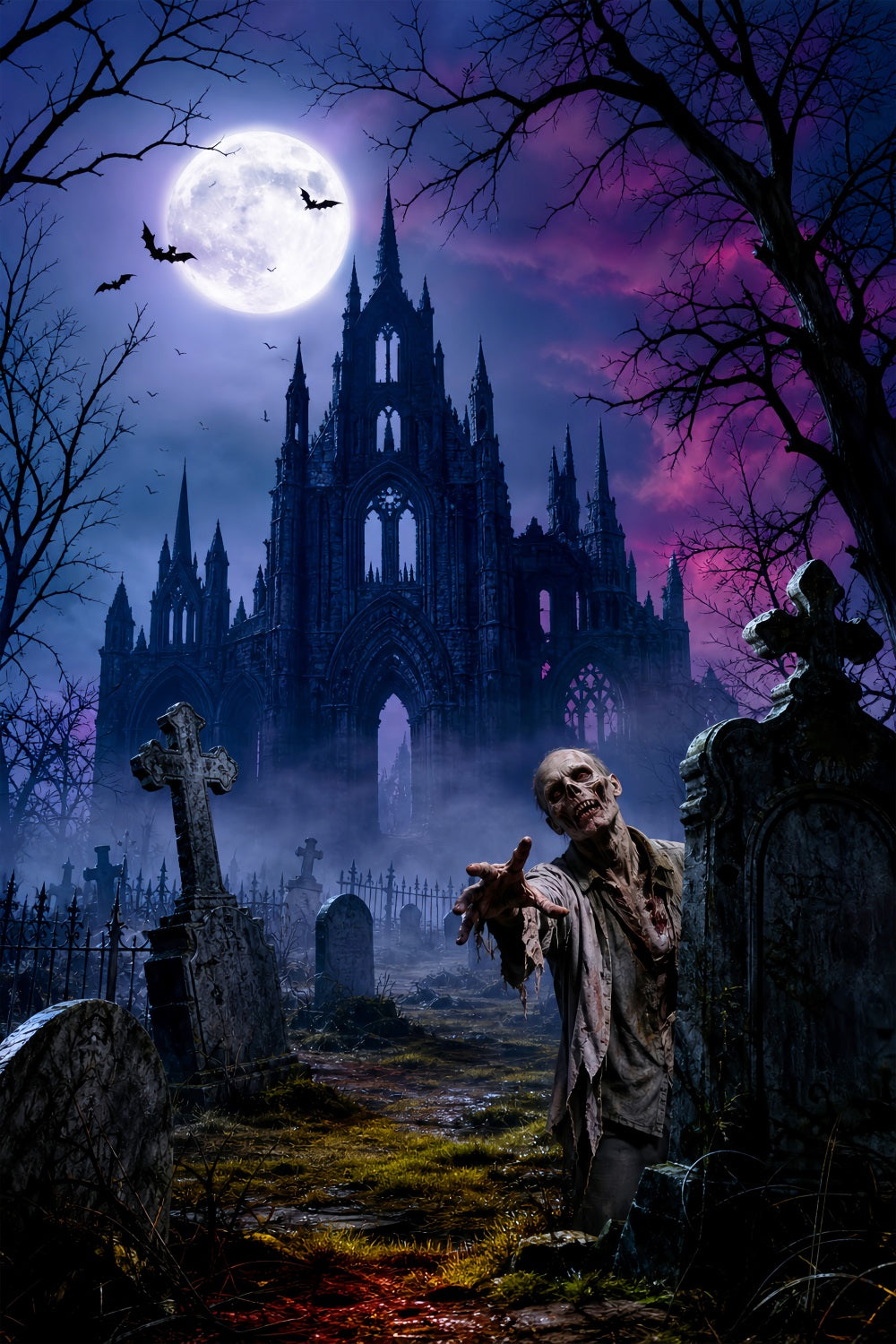 Halloween Party Picture Backdrop Moonlit Castle Zombie Graveyard Halloween UK LXX67-1
