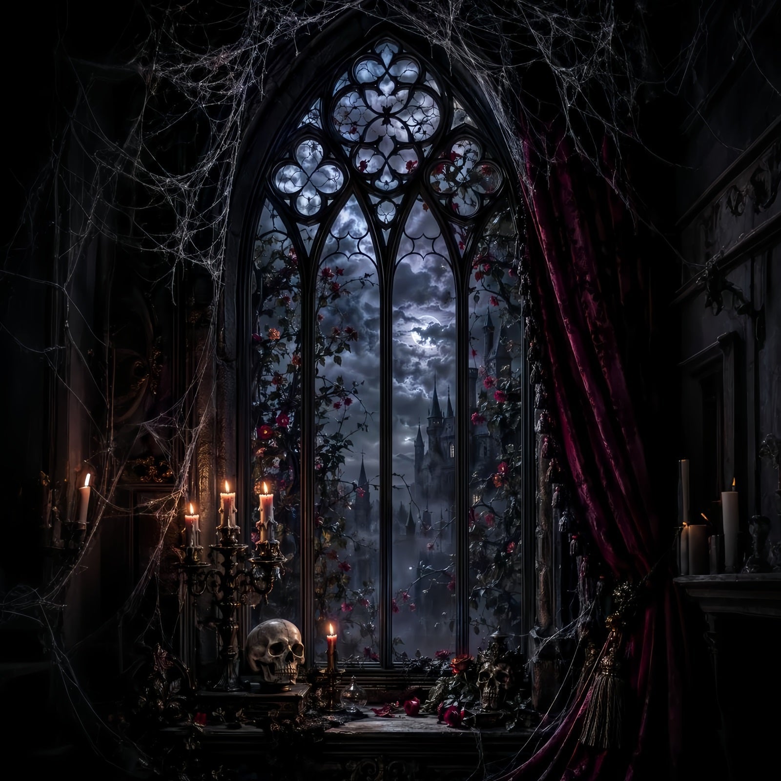 Halloween Backdrop Photography Gothic Moonlit Window Chamber Halloween Scary Backdrop UK LXX67-201