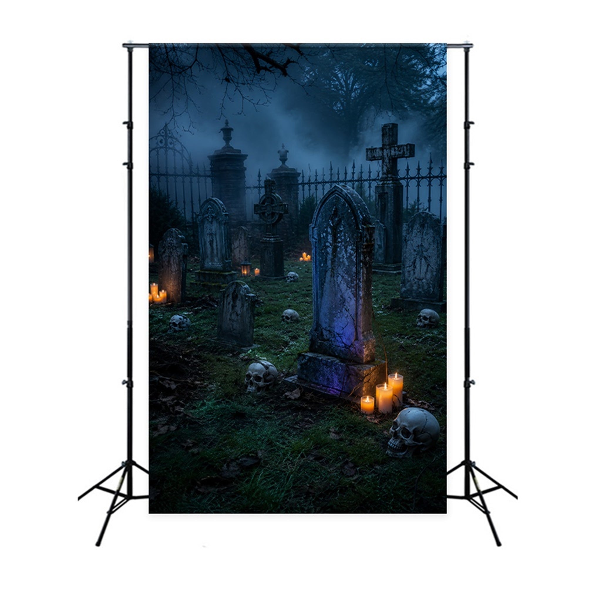 Halloween Cloth Backdrop Foggy Candlelit Skull Cemetery Graveyard Halloween Backdrops UK LXX67-202