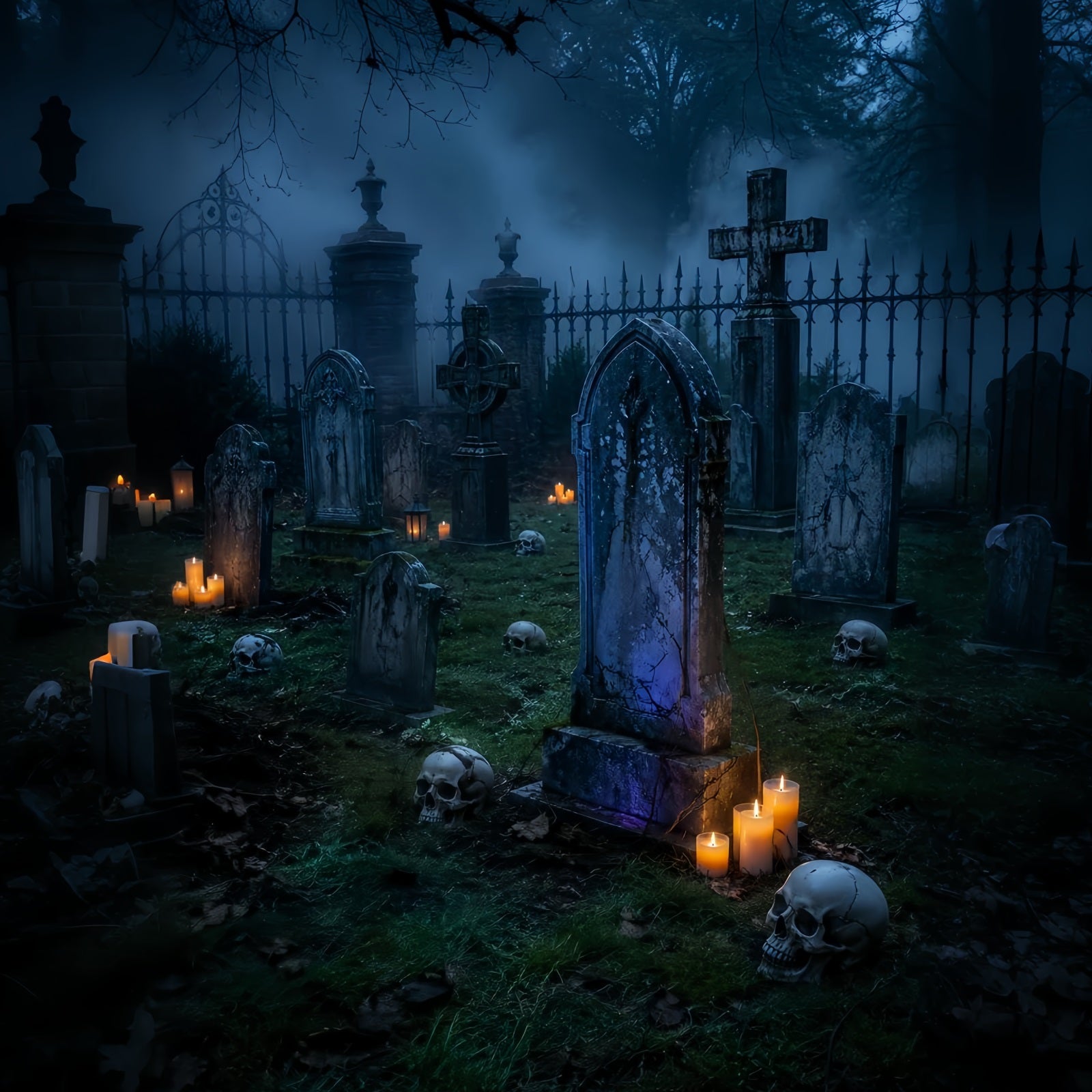 Halloween Cloth Backdrop Foggy Candlelit Skull Cemetery Graveyard Halloween Backdrops UK LXX67-202