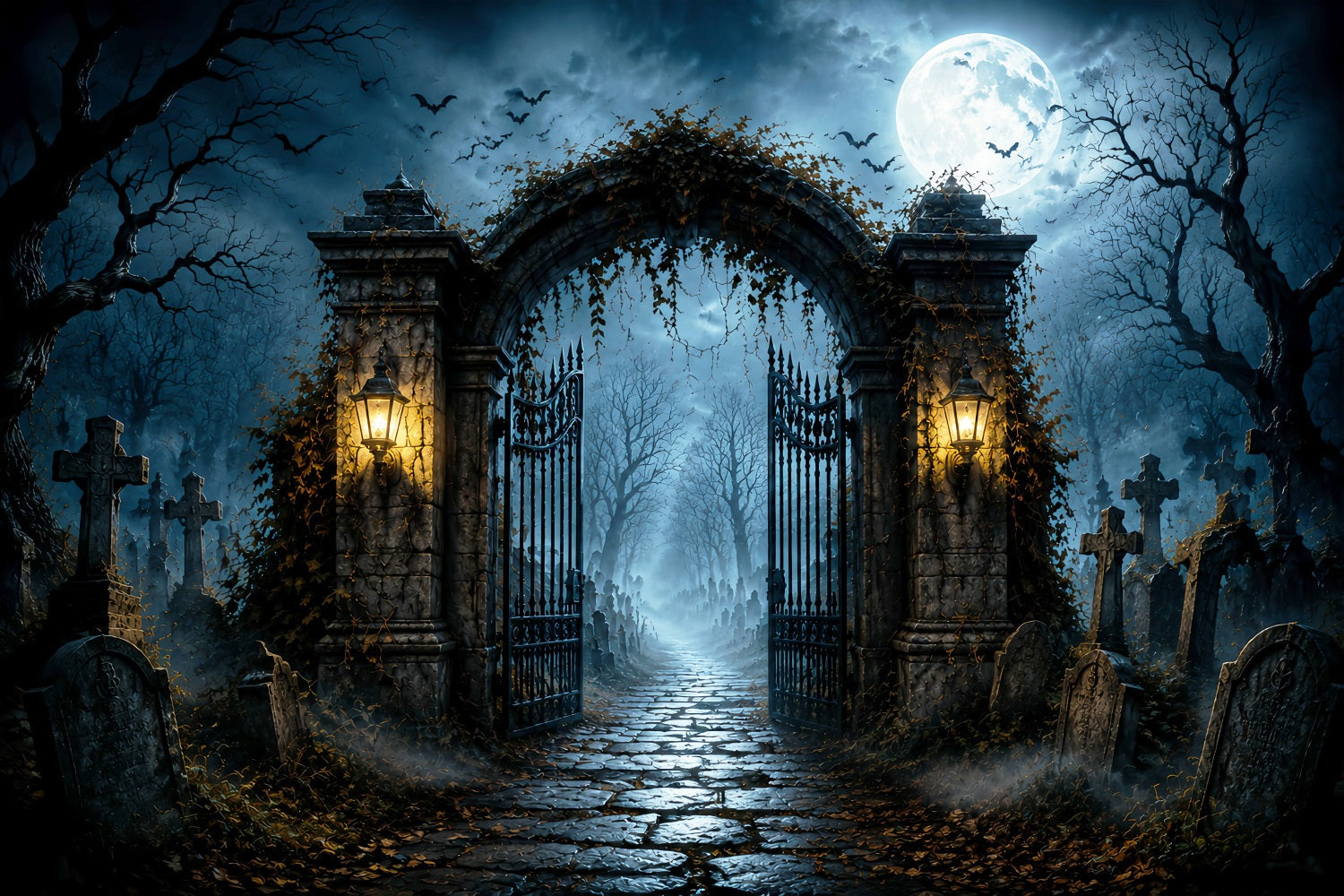 Backdrop Halloween Photo Booth Moonlit Cemetery Iron Gate Halloween Party Photo Backdrop UK LXX67-21