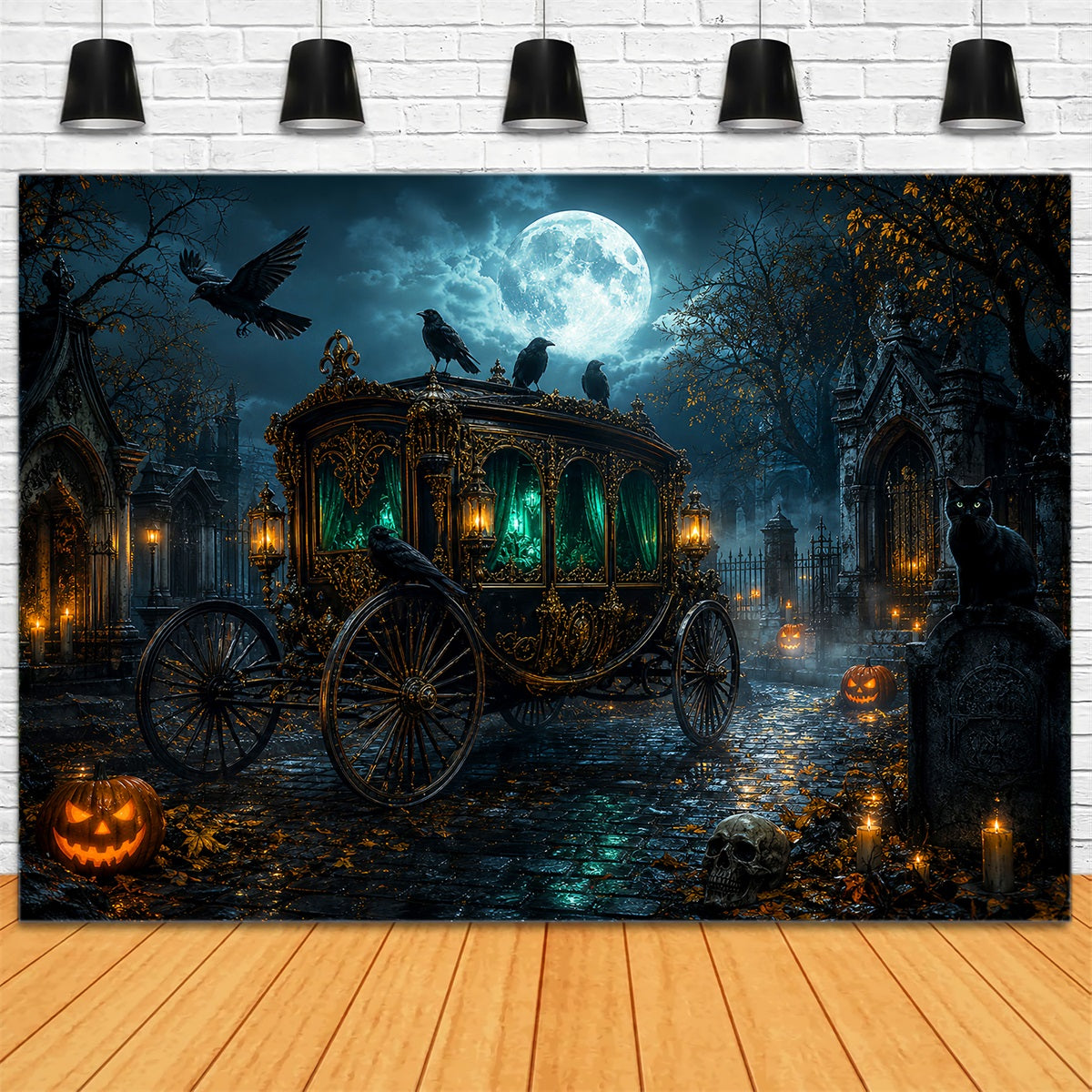 Graveyard Backdrop Moonlit Raven Funeral Carriage Halloween Backdrops UK LXX67-211