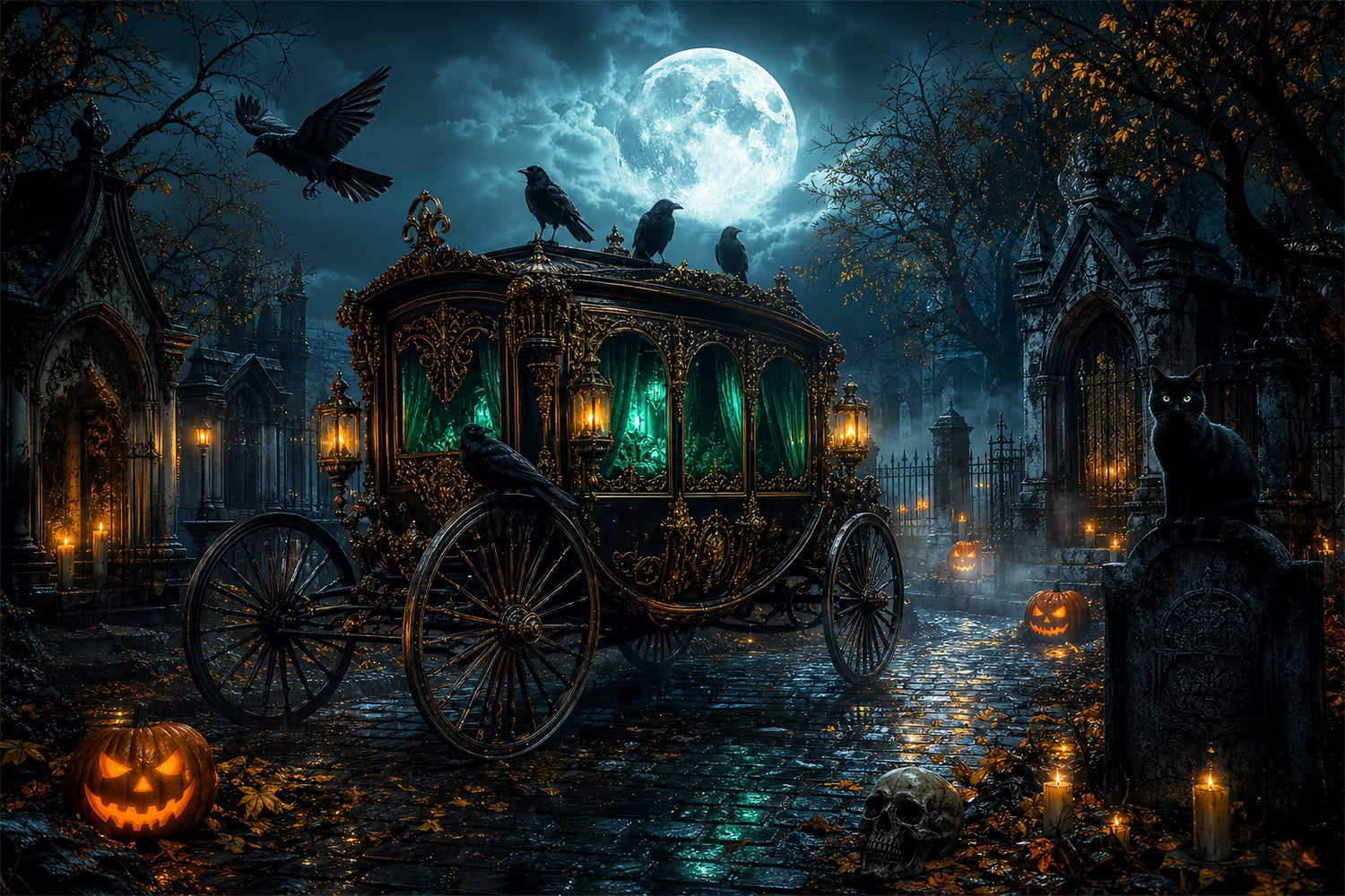 Graveyard Backdrop Moonlit Raven Funeral Carriage Halloween Backdrops UK LXX67-211