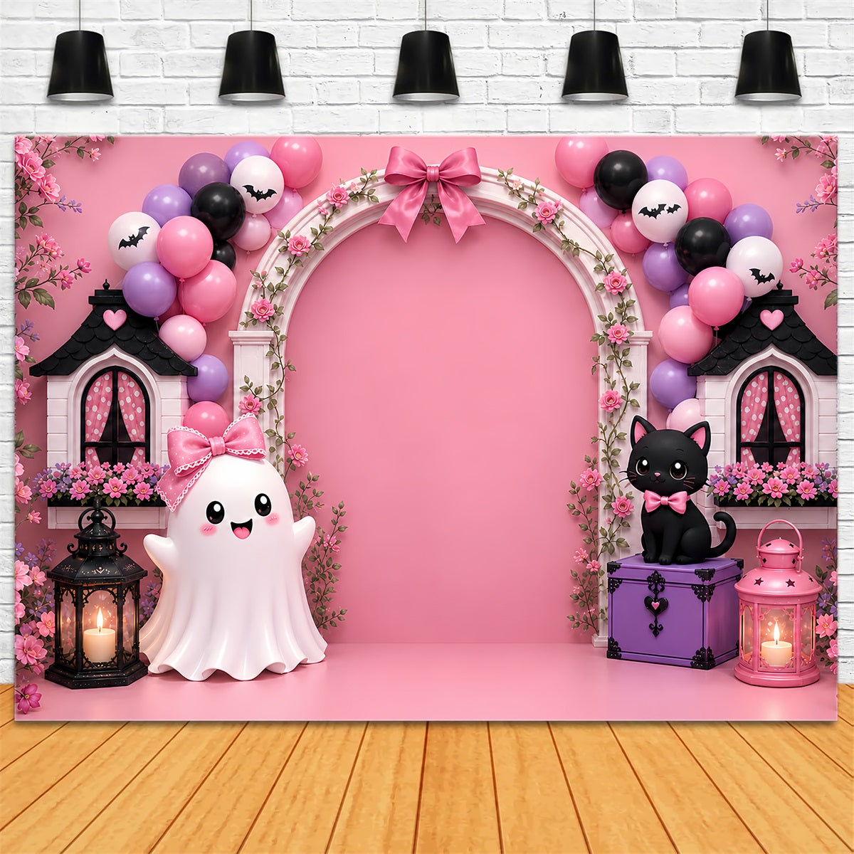 Pumpkin Patch Backdrop Bowtie Ghost Cat Arch Halloween Photo Backdrop UK LXX67-213