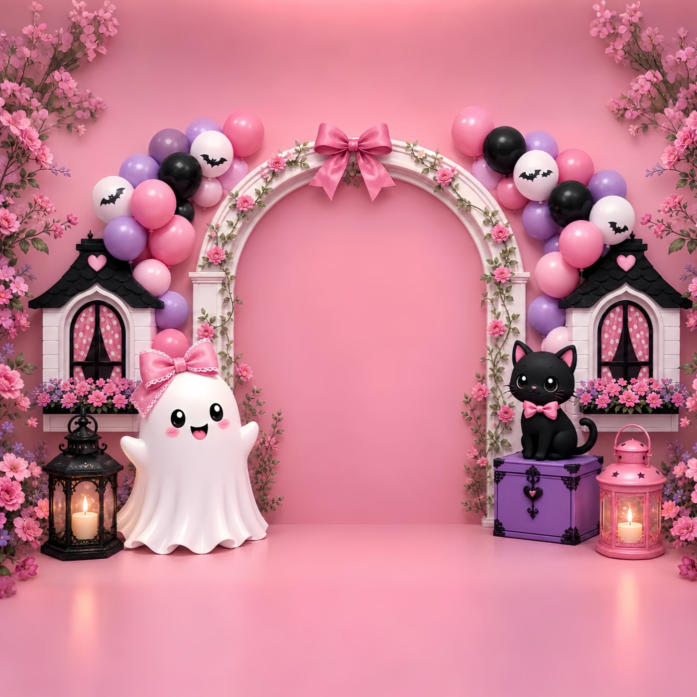 Pumpkin Patch Backdrop Bowtie Ghost Cat Arch Halloween Photo Backdrop UK LXX67-213