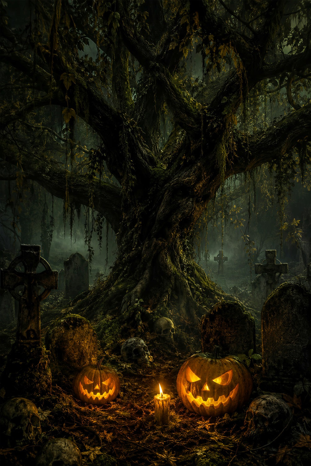 Cemetery Backdrop Mossy Skull Pumpkin Graveyard Halloween Backdrop For Photos UK LXX67-215