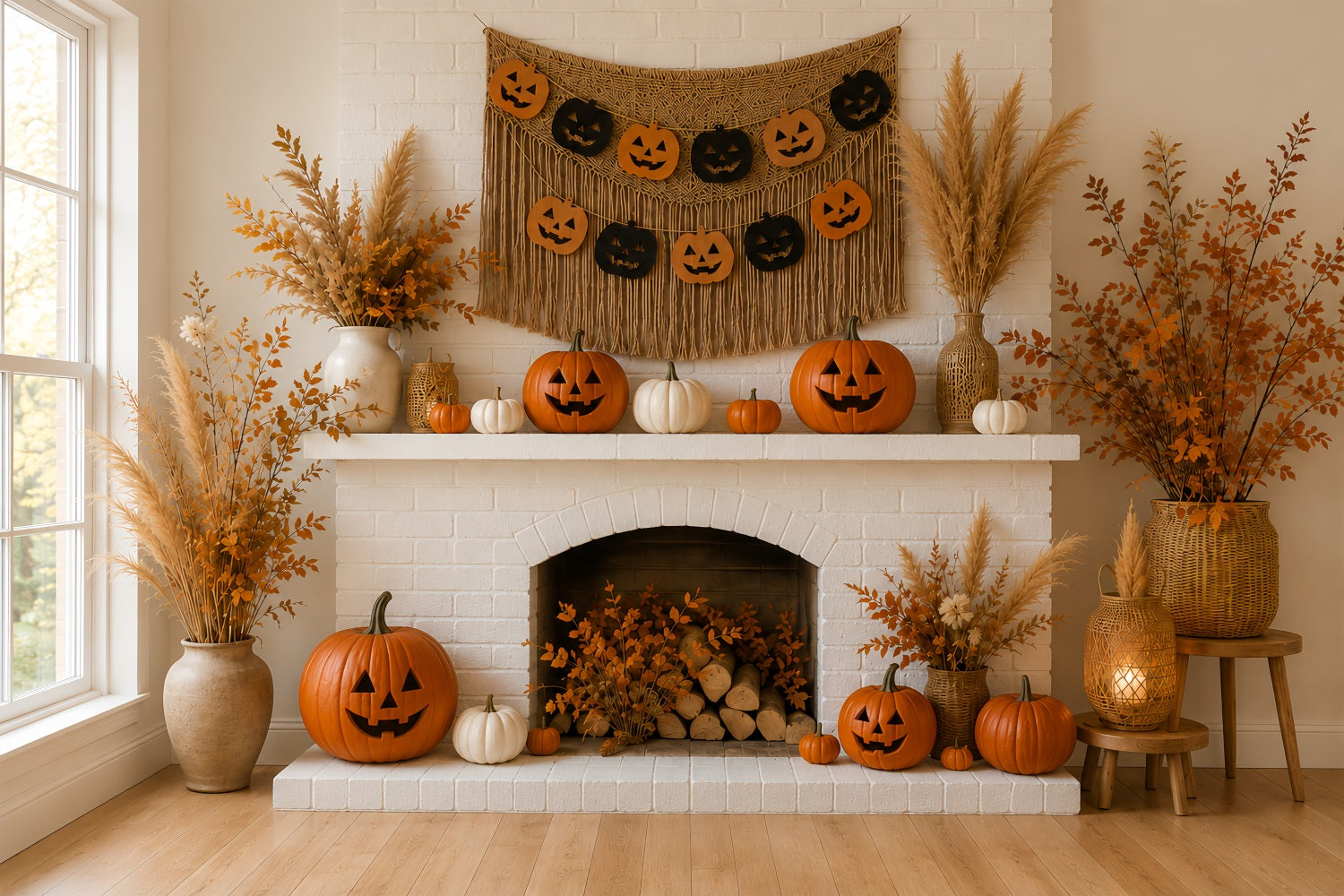 Pumpkin Backdrop Autumn Cozy Fireplace Mantel Halloween Backdrop Ideas UK LXX67-216