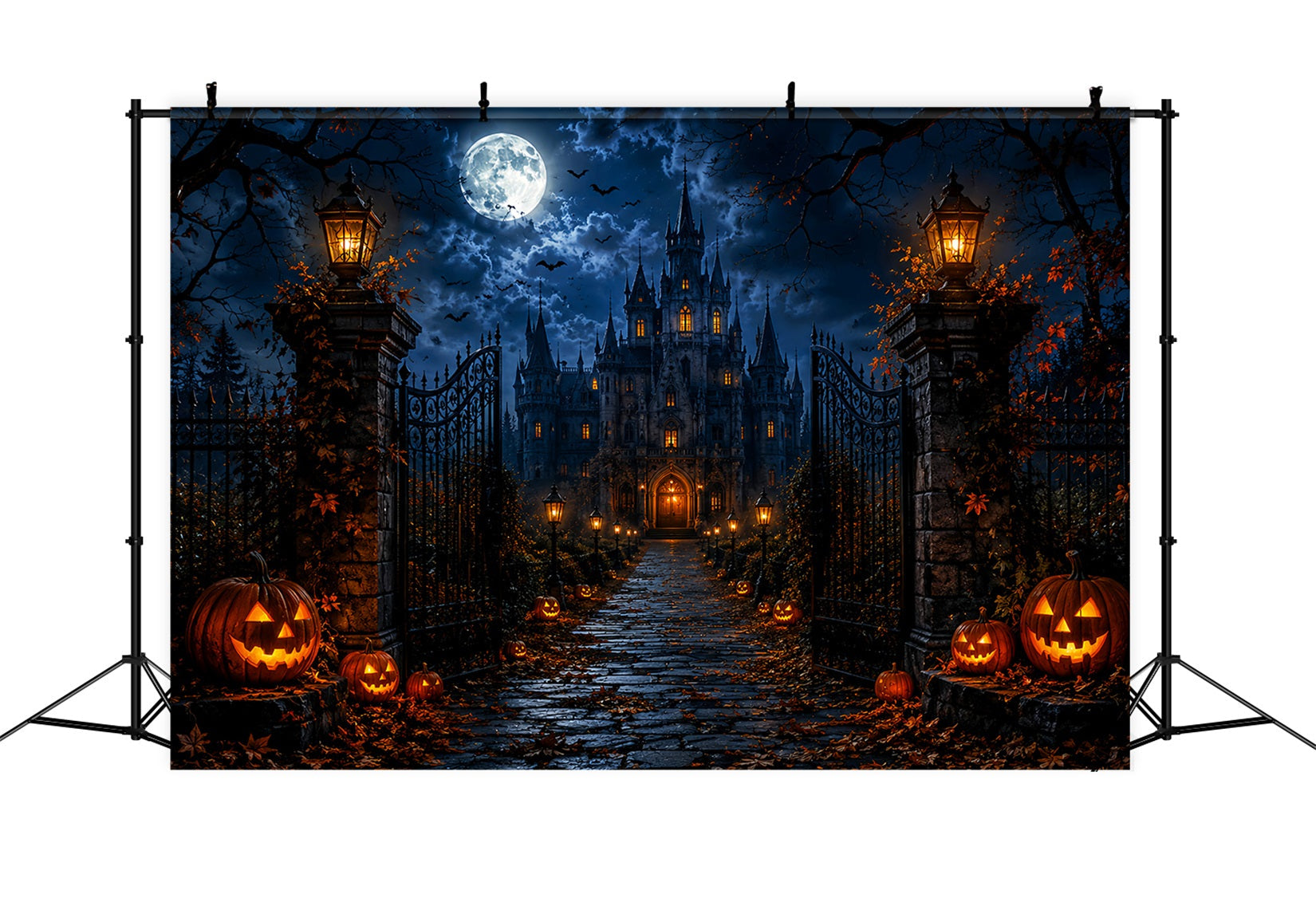 Haunted Forest Backdrop Moonlit Gothic Castle Gate Halloween Wall Backdrop UK LXX67-218