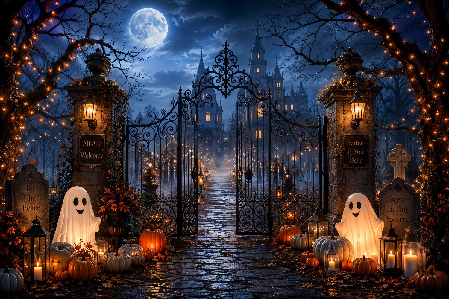 Halloween Graveyard Backdrop Ghostly Castle Entrance Halloween Backdrops Scene Setters UK LXX67-219