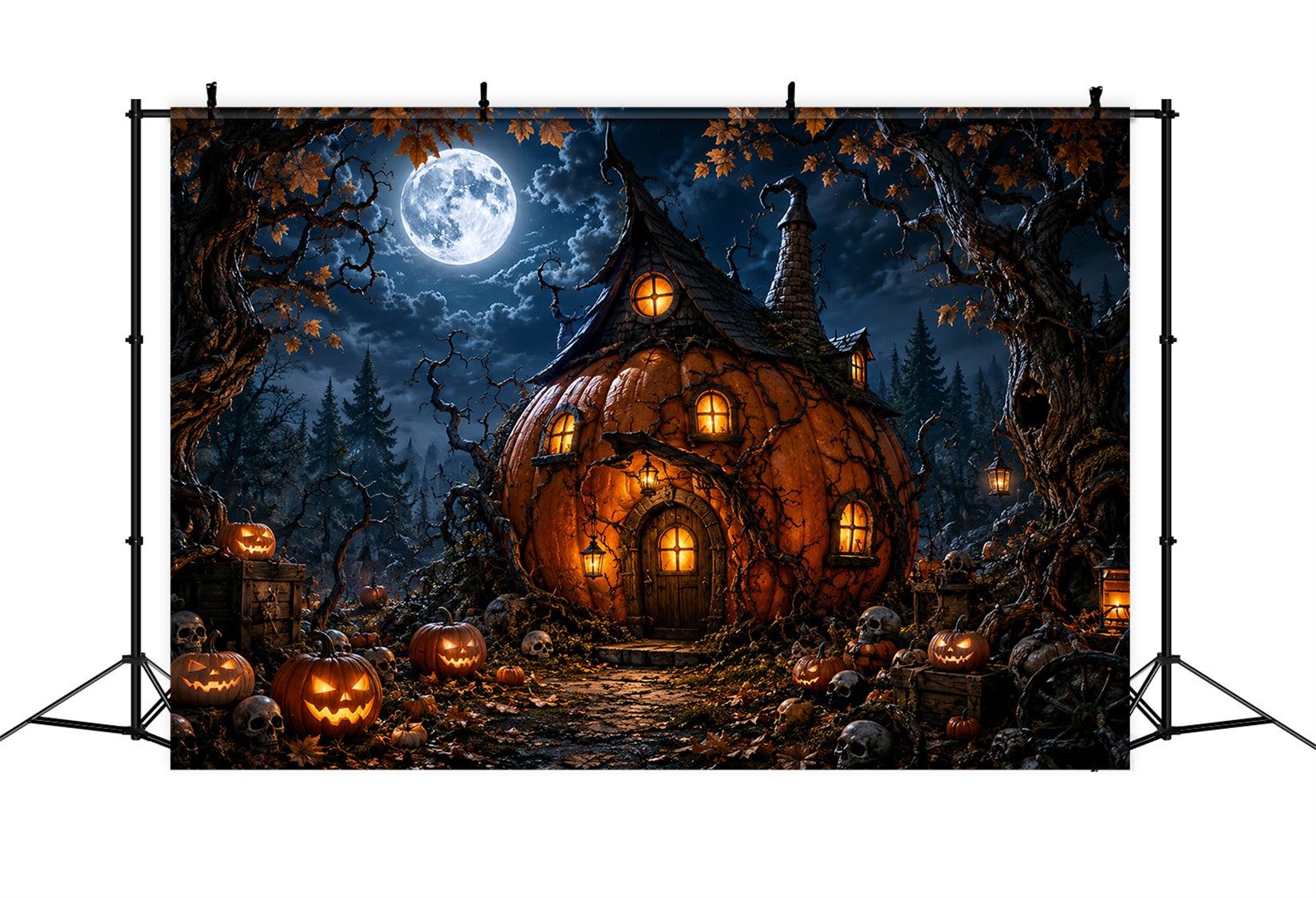 Magical Forest Backdrop Moonlit Pumpkin Witch Cottage Halloween Photo Backdrops UK LXX67-222