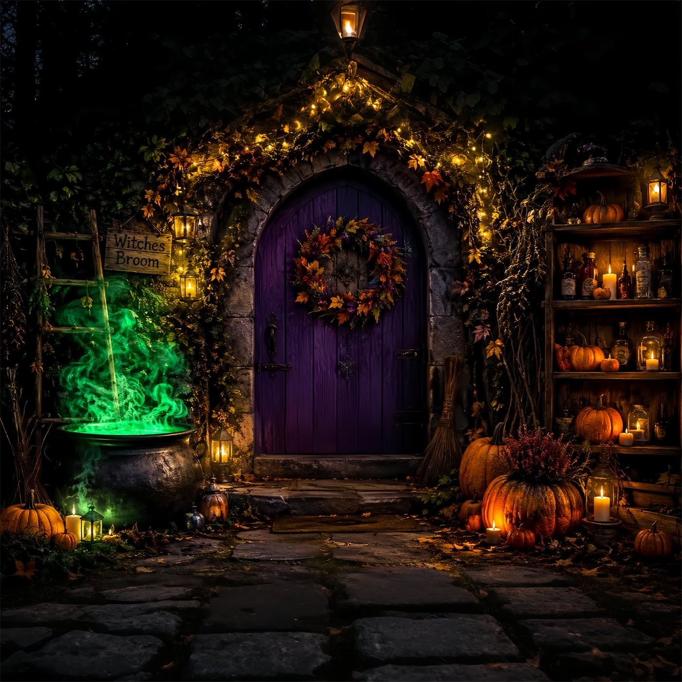 Witch Backdrop Glowing Cauldron Doorway Gothic Backdrops UK LXX67-223