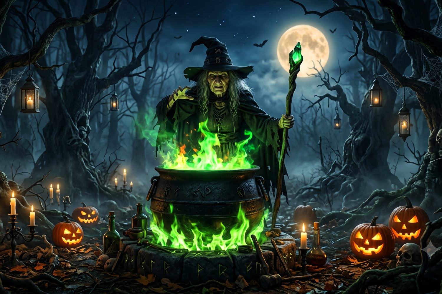 Witchy Backdrop Moonlit Witch Cauldron Ritual Horror Backdrop UK LXX67-225