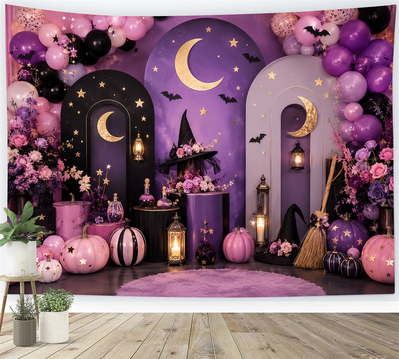 Pumpkin Patch Photo Backdrop Celestial Witch Moon Celebration Halloween Party Backdrop UK LXX67-226