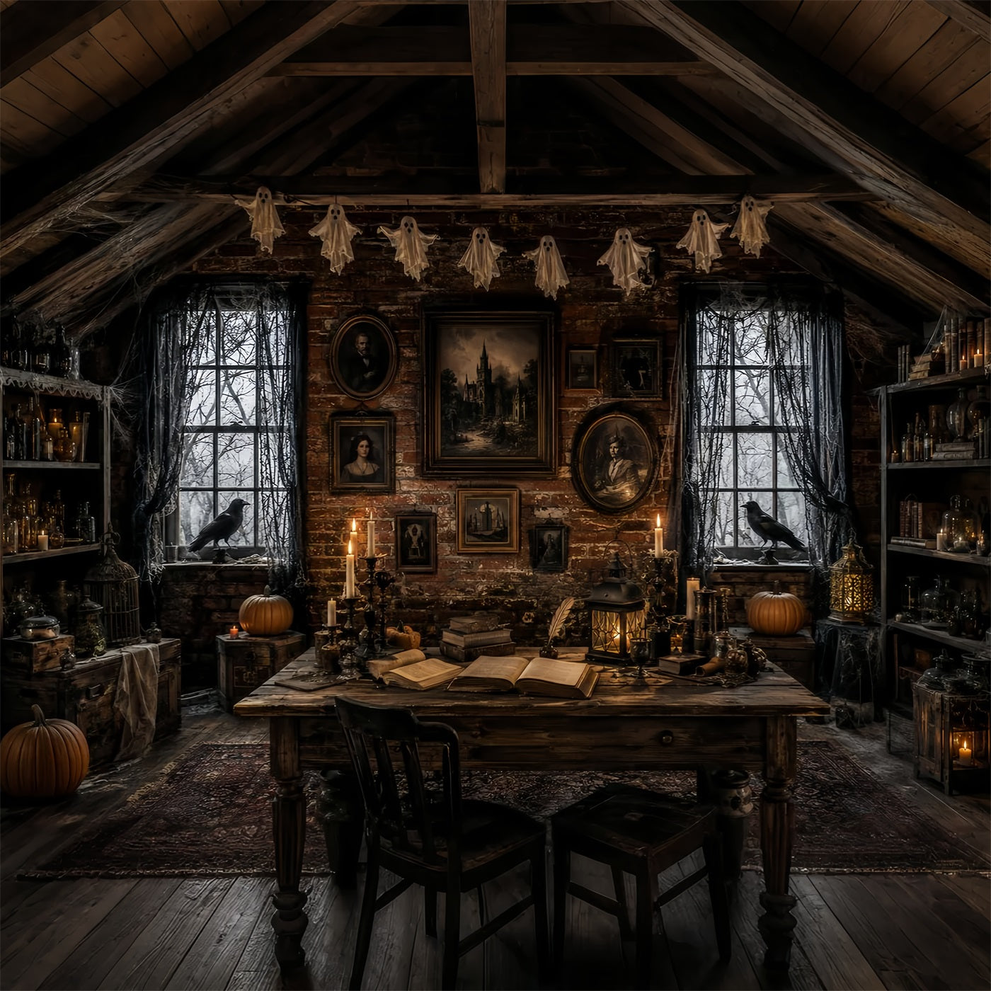Haunted House Backdrops Candlelit Raven Portrait Attic Halloween Backdrops For Photos UK LXX67-228