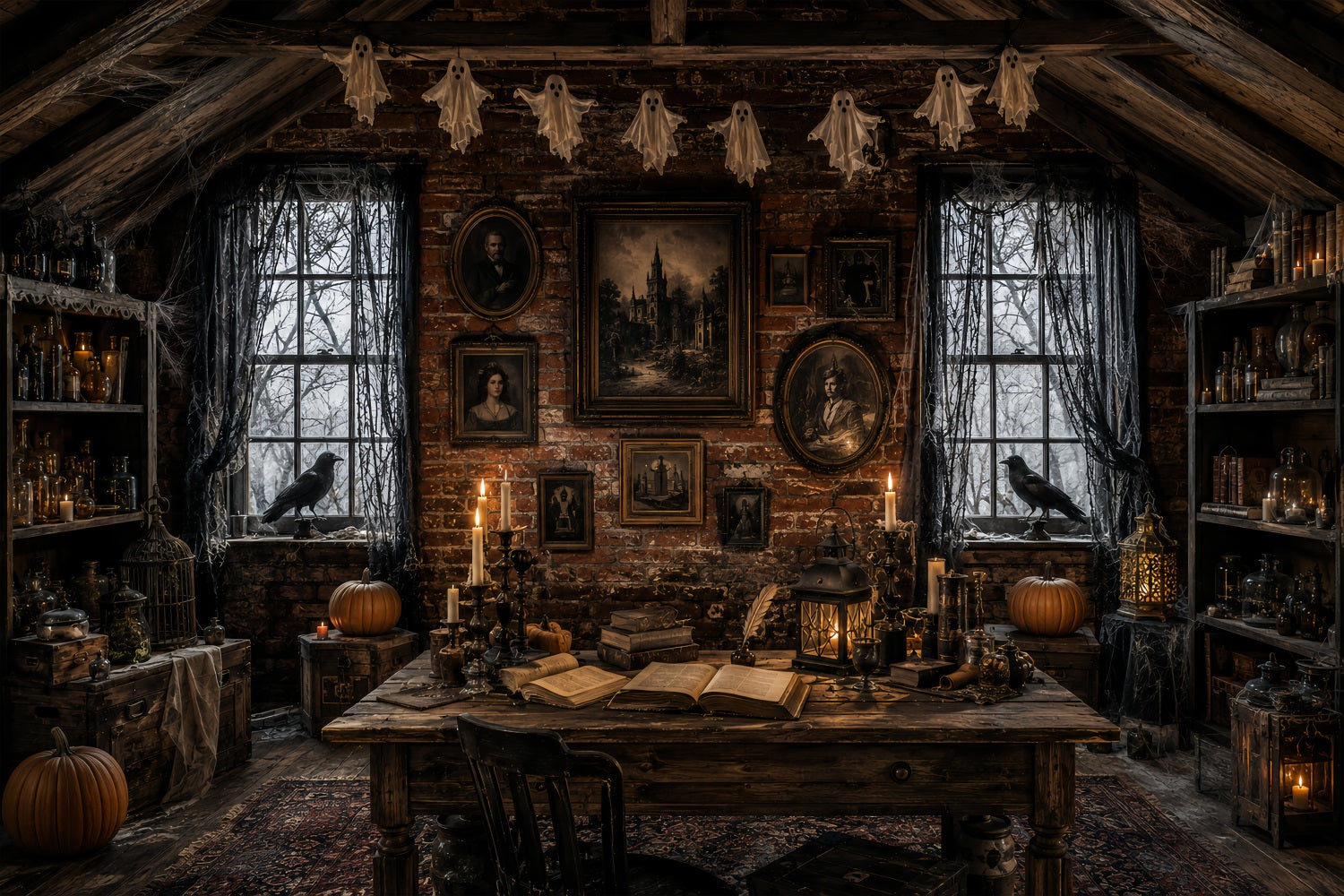Haunted House Backdrops Candlelit Raven Portrait Attic Halloween Backdrops For Photos UK LXX67-228