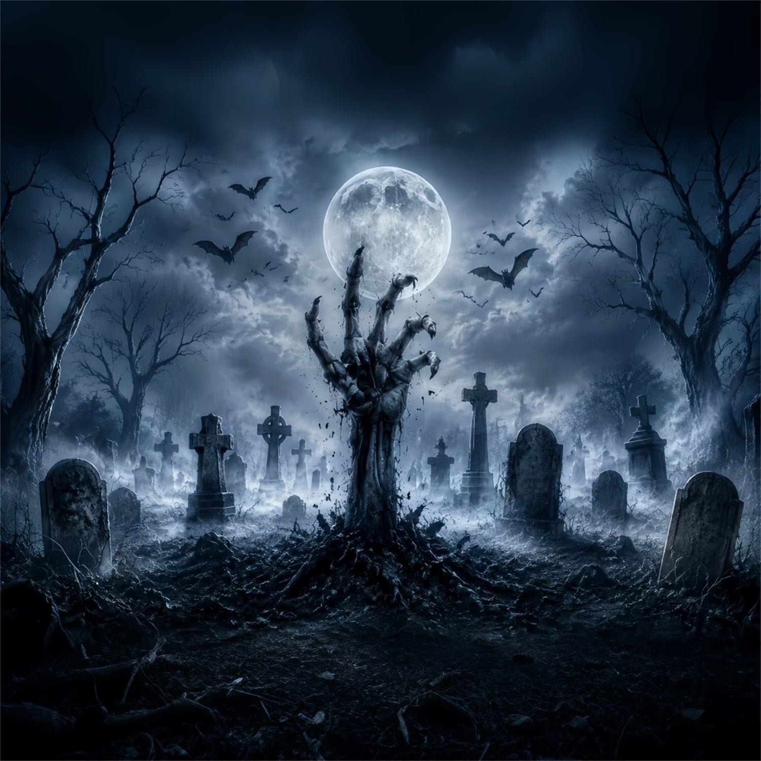 Halloween Graveyard Backdrops Zombie Hand Moonlit Graveyard Photo Booth Halloween Backdrop UK LXX67-23