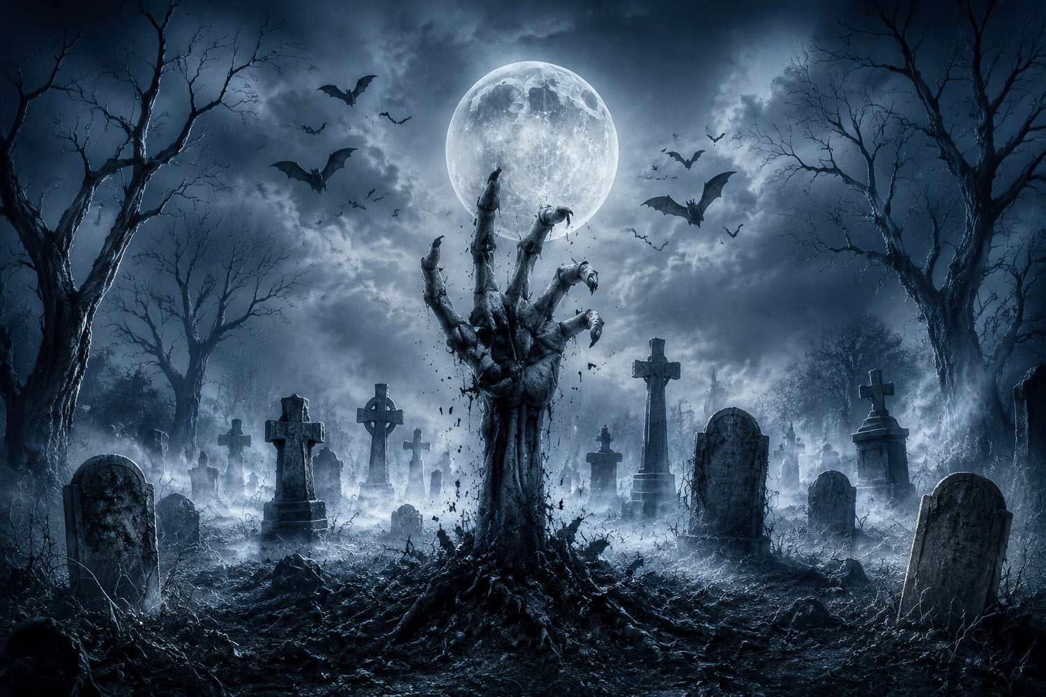 Halloween Graveyard Backdrops Zombie Hand Moonlit Graveyard Photo Booth Halloween Backdrop UK LXX67-23