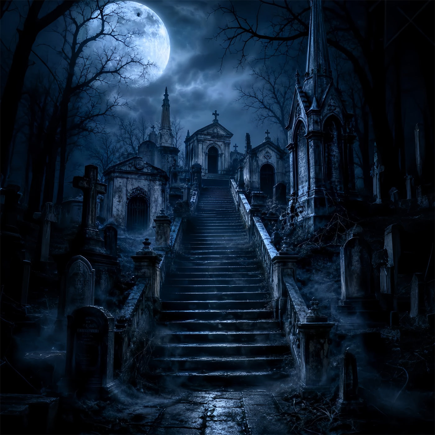 Halloween Cemetery Backdrop Moonlit Gothic Mausoleum Stairway Gothic Photography Backdrops UK LXX67-230