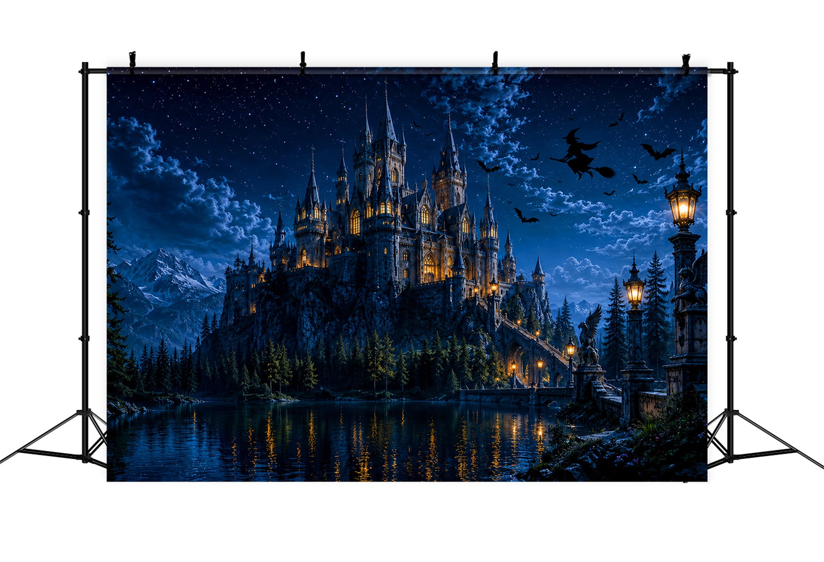 Haunted Castle Backdrop Moonlit Witch House Lake Halloween Picture Backdrop UK LXX67-233