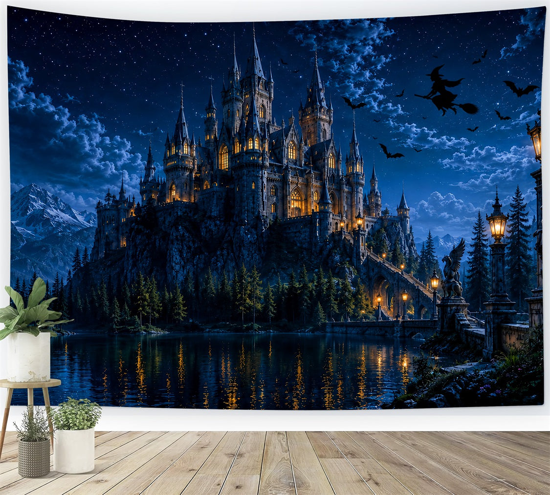 Haunted Castle Backdrop Moonlit Witch House Lake Halloween Picture Backdrop UK LXX67-233