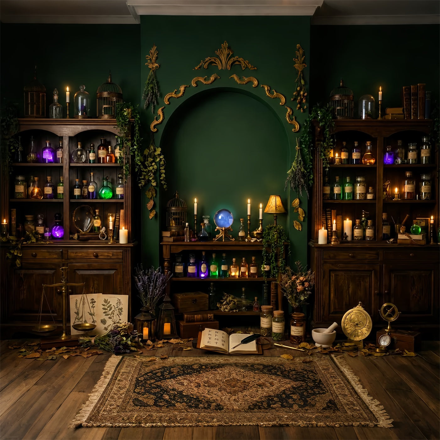 Haunted Library Backdrop Emerald Witch Apothecary Chamber Large Halloween Backdrop UK LXX67-234